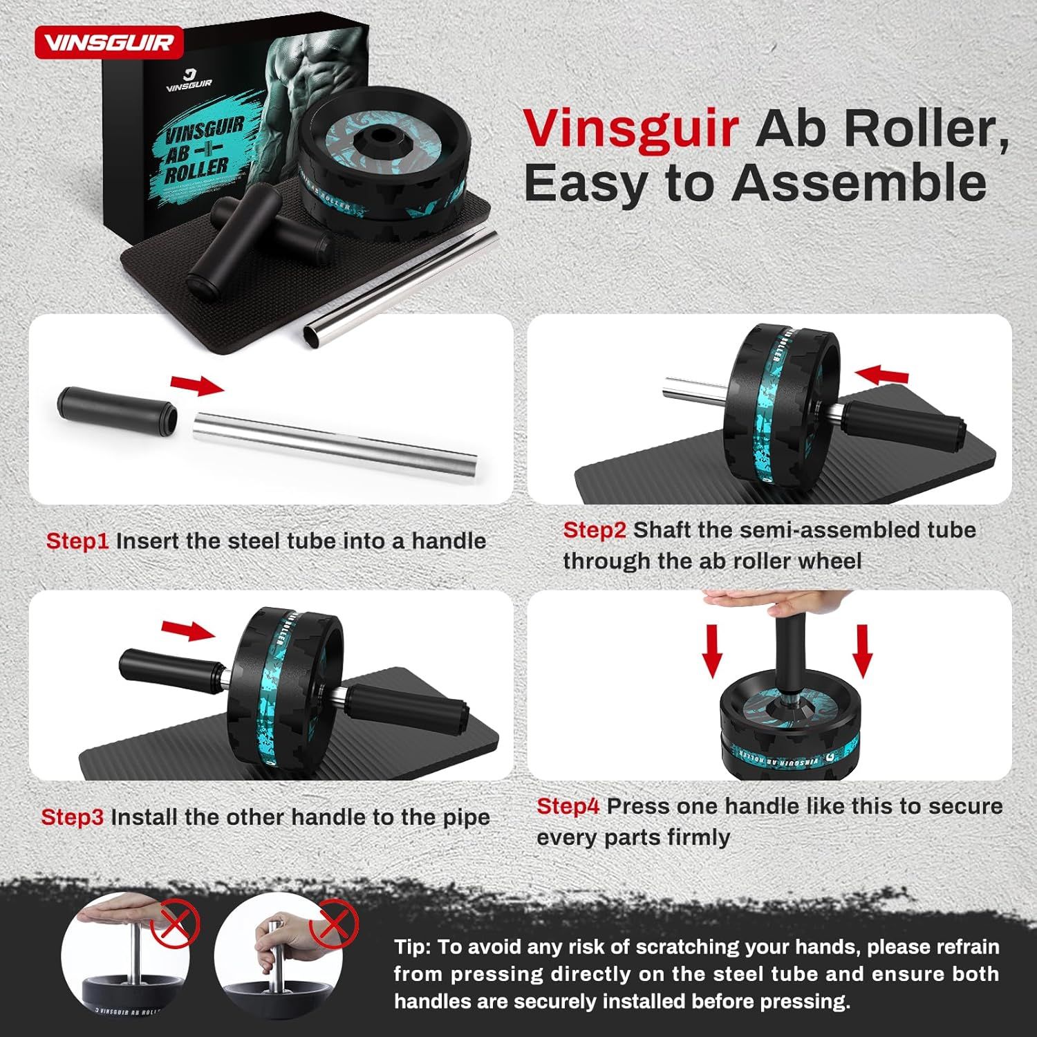 This image provides clear step-by-step assembly instructions for the ab roller, showing shoppers exactly how to put the product together quickly and easily,…