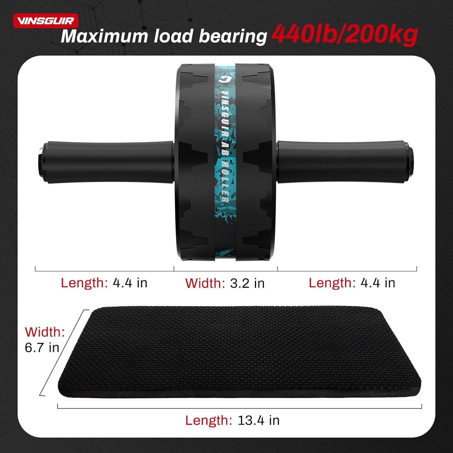 Communicates the exact physical dimensions of the ab roller wheel and mat, along with its maximum load bearing capacity, to help shoppers understand the…