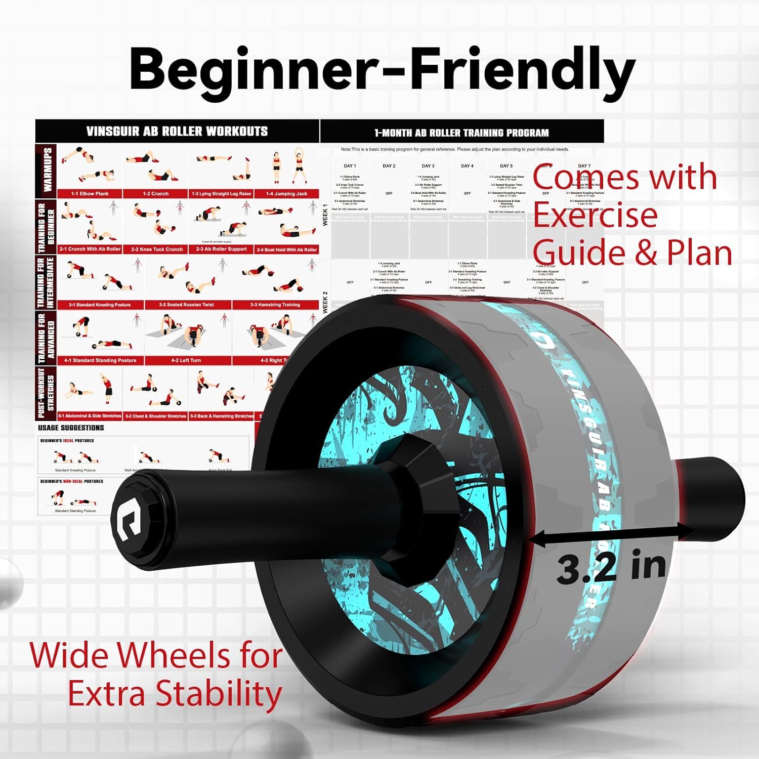 Communicates multiple selling benefits of the ab roller including its beginner-friendly design, included workout guide, wide wheel stability, and specific…