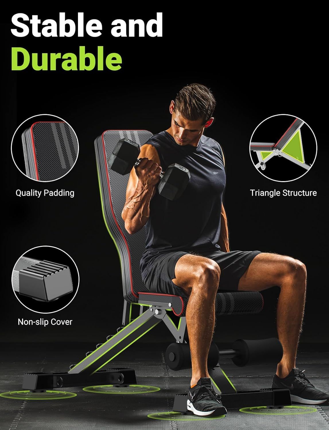 Breaks down the physical components and construction features of the workout bench to demonstrate its durability and stability through quality materials and…
