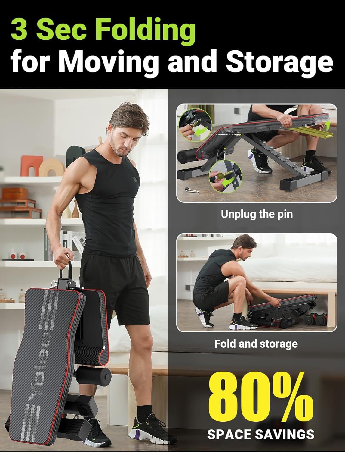Demonstrates the simple 3-second folding process for the workout bench, showing shoppers how easy it is to store and transport, with step-by-step visuals…