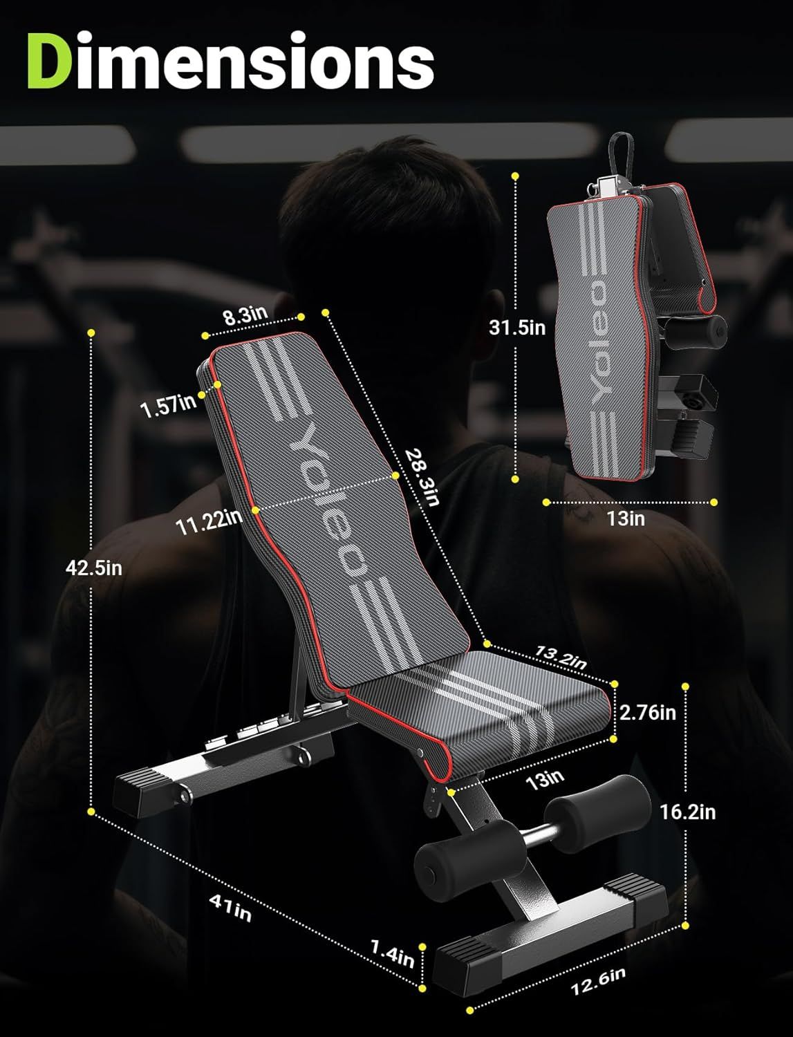 Provides detailed measurements of the workout bench in multiple positions to help shoppers understand the exact physical size and space requirements of the…