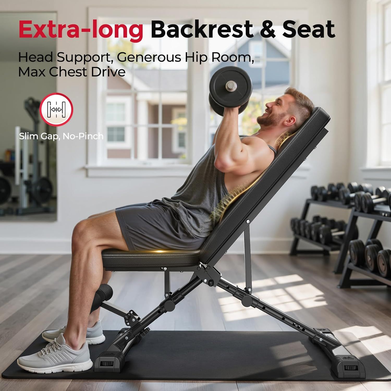 Highlights the ergonomic design and comfort features of the workout bench, emphasizing the extra-long backrest and seat that provide head support, generous…