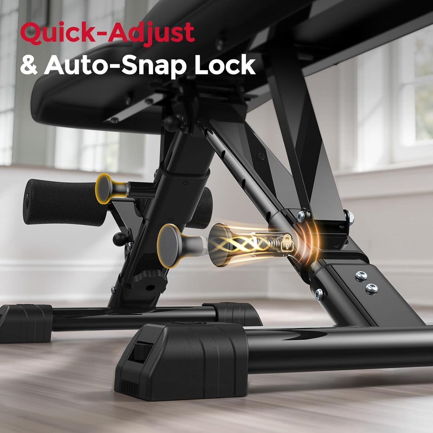 Highlights the product's quick-adjust and auto-snap locking mechanism with a visual callout showing the internal spring and locking system, reassuring…