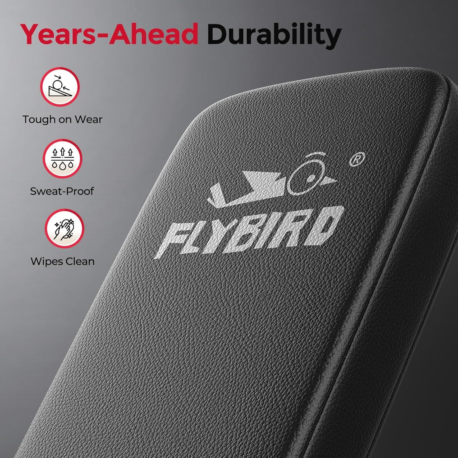 Communicates the product's durability through three distinct benefits: wear resistance, sweat protection, and easy cleaning, reassuring shoppers of…