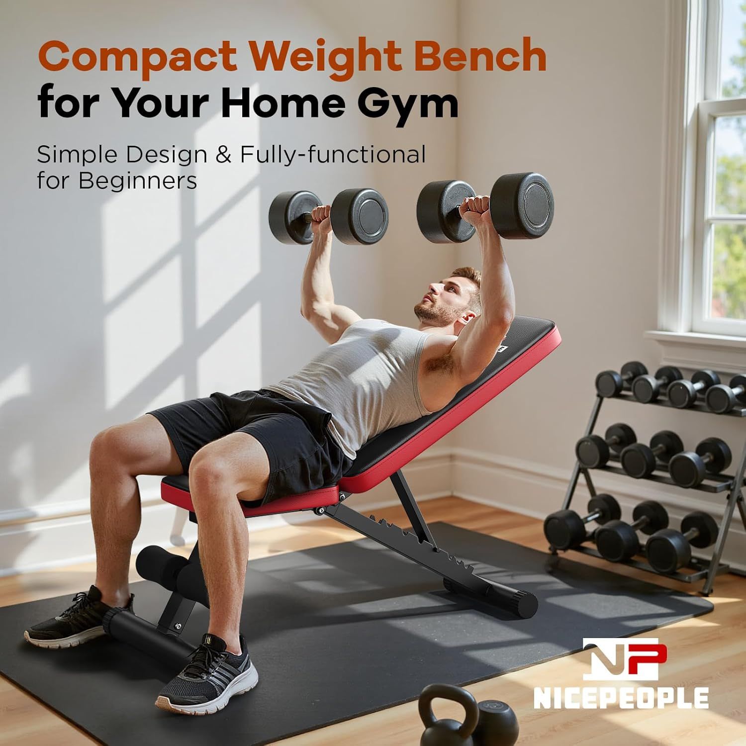Demonstrates the weight bench in a real home gym setting to show shoppers it's compact, functional, and ideal for beginners working out at home.