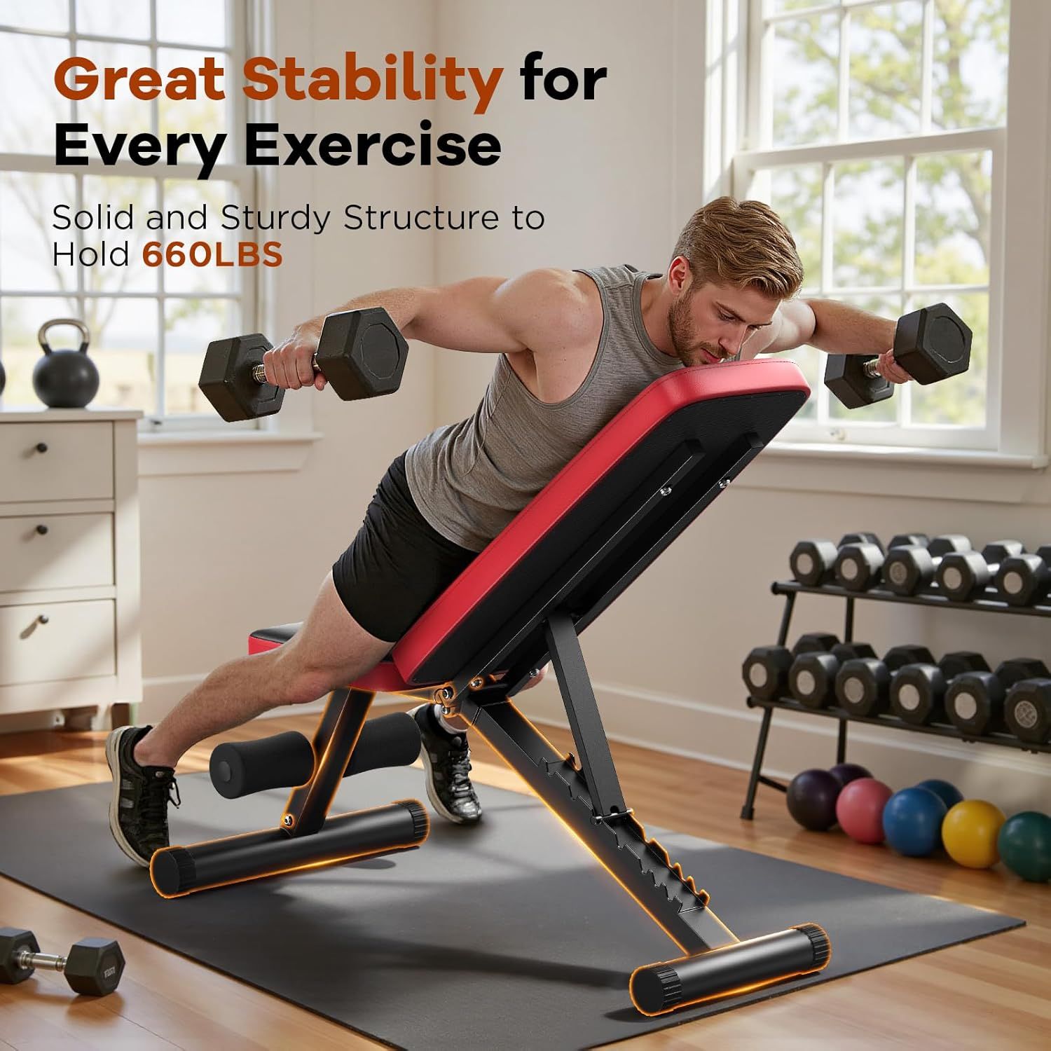 Communicates the impressive weight capacity of the exercise bench to reassure shoppers that it is sturdy and stable enough to support heavy users and intense…
