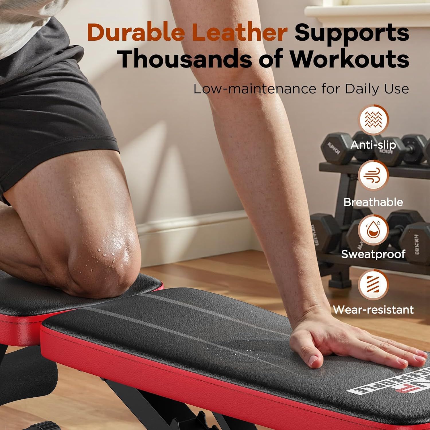 Communicates multiple material and performance benefits of the workout bench to reassure shoppers of its durability, comfort, and suitability for intense…