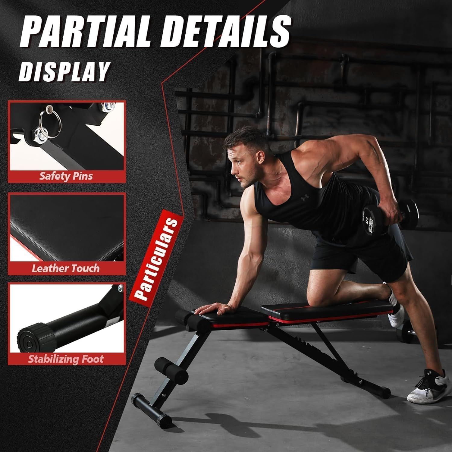 Highlights the key physical components and construction details of the workout bench to reassure shoppers of its quality, safety features, and stability.
