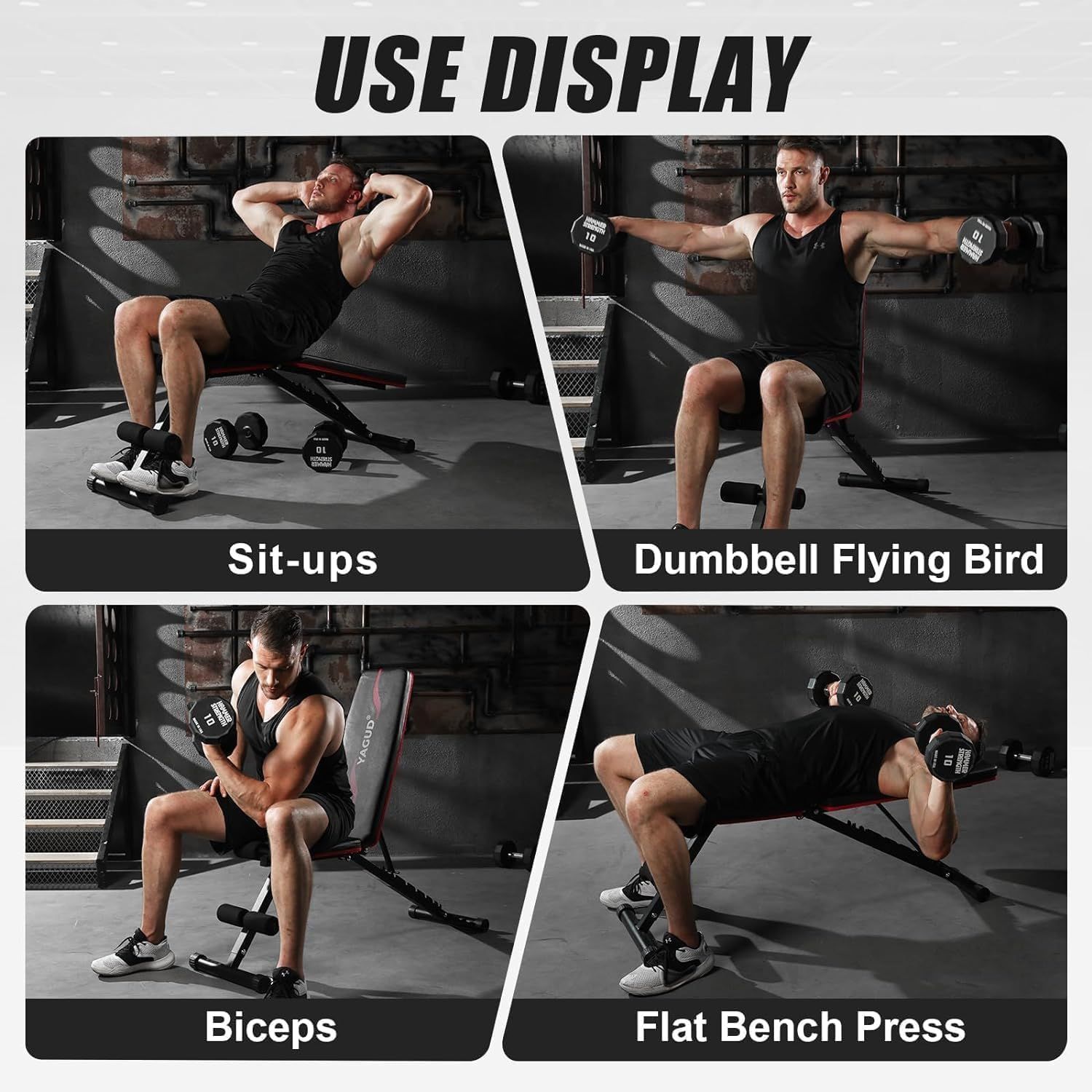 Demonstrates the versatility of the workout bench by showing four different exercises that can be performed on it, reassuring shoppers that this single piece of equipment supports a full-body…