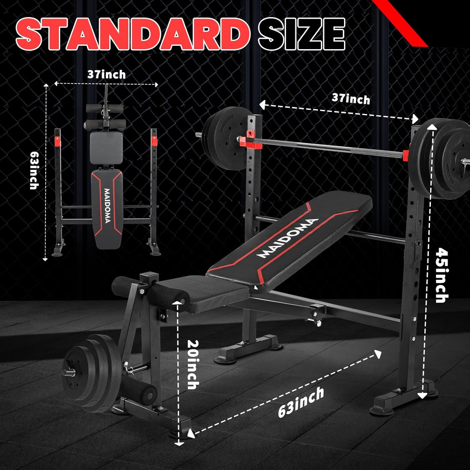 Communicates the exact physical dimensions of the weight bench equipment to help shoppers understand the space requirements and ensure it fits their home gym…