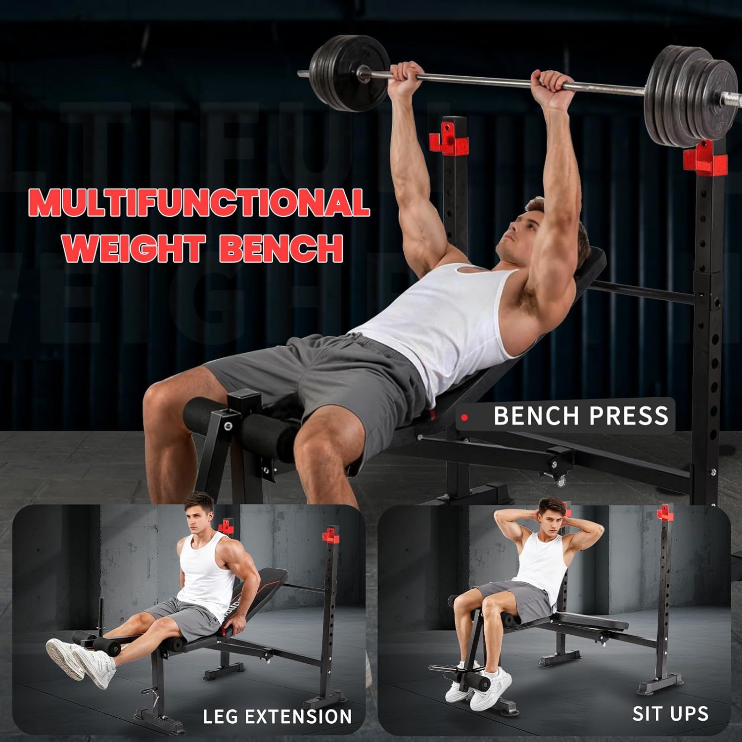 Demonstrates the versatility of the weight bench by showing three distinct workout applications, reassuring shoppers that one product can serve multiple fitness needs. Highlights the product's…