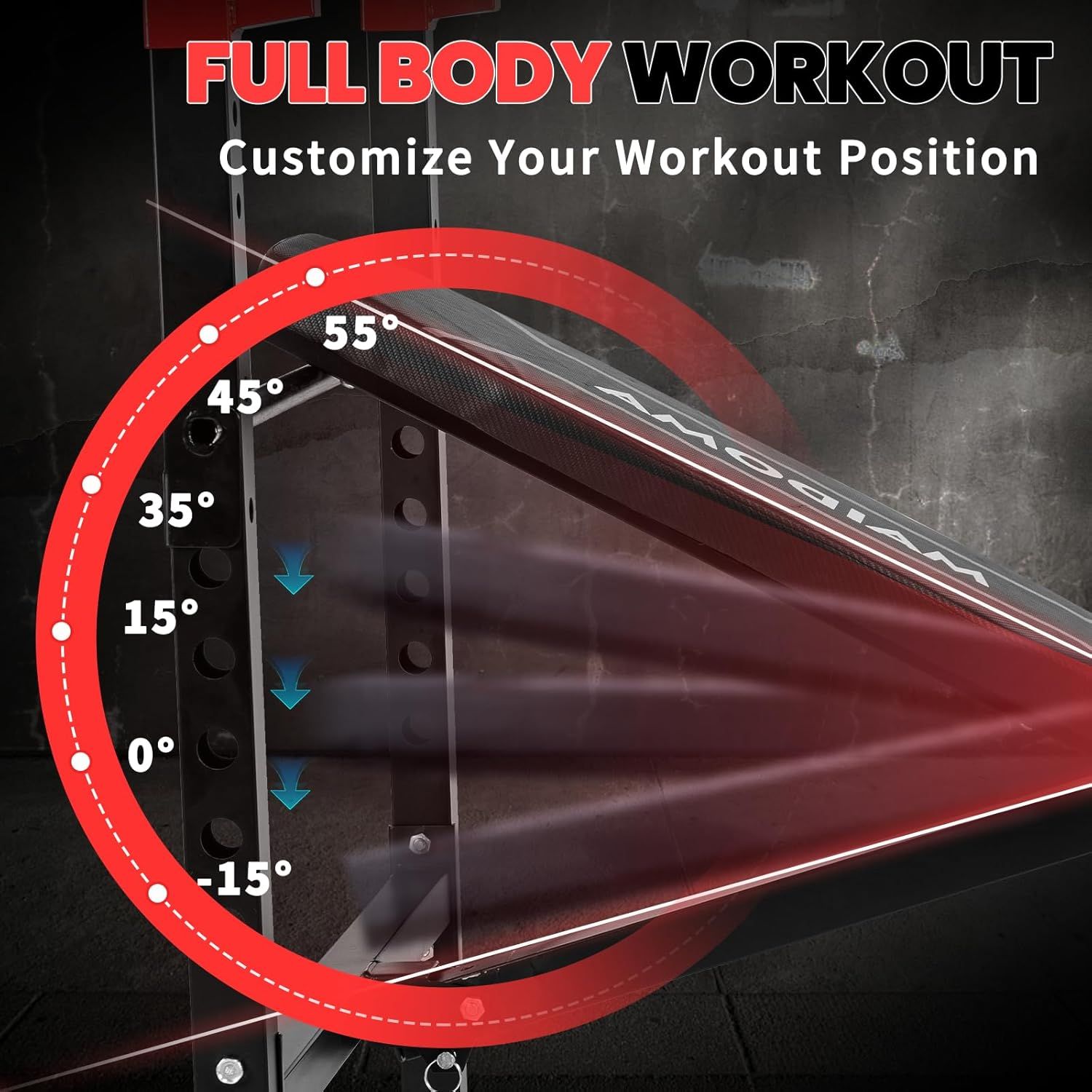 Communicates that the workout bench offers multiple adjustable angle positions (from -15° to 55°) to customize workout positioning for full body exercises.