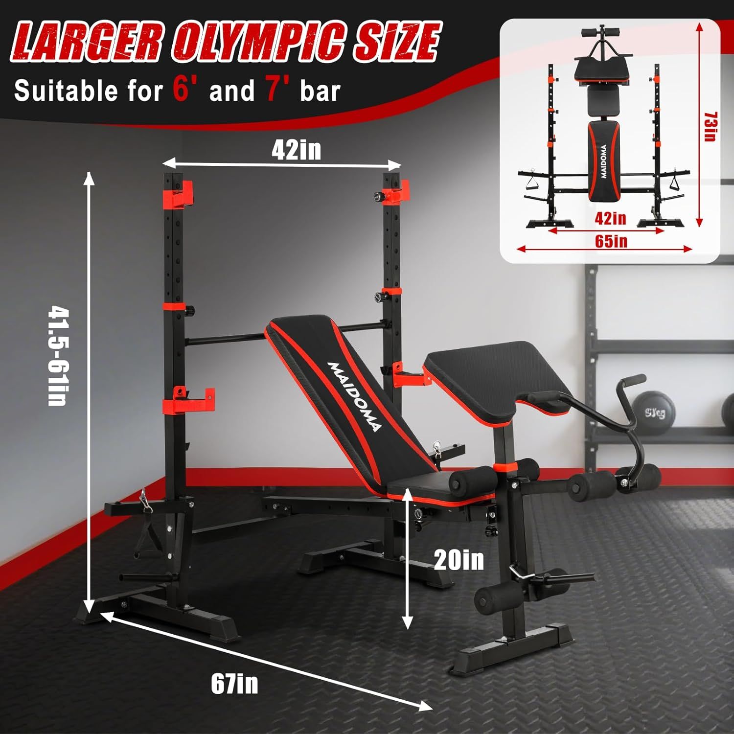 Communicates the physical dimensions of the weight bench (67in x 41.5-61in x 42in) and its compatibility with 6' and 7' Olympic bars to help shoppers…