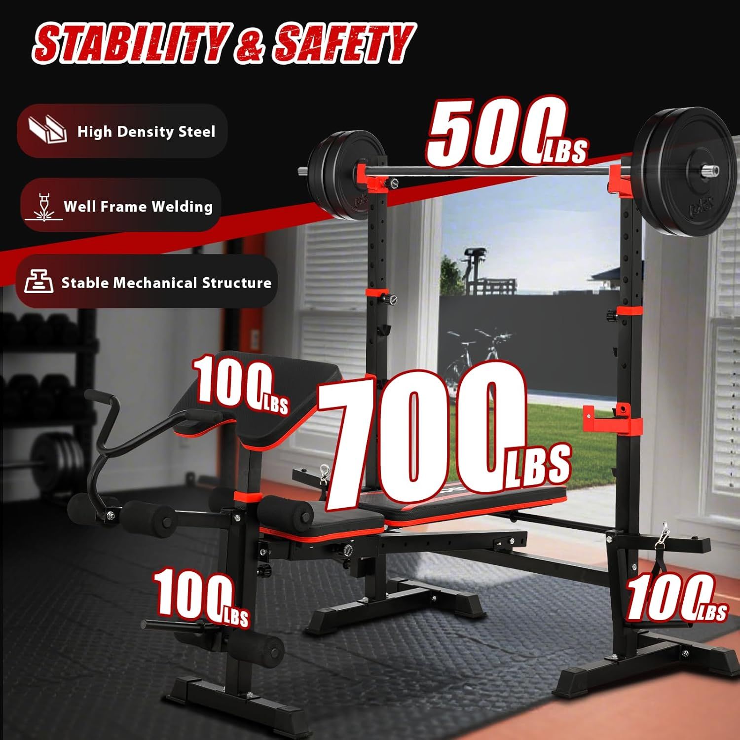 Communicates the weight capacity of different parts of the equipment (500 lbs barbell, 700 lbs bench, 100 lbs accessories) to reassure shoppers about the product's strength and stability for heavy…
