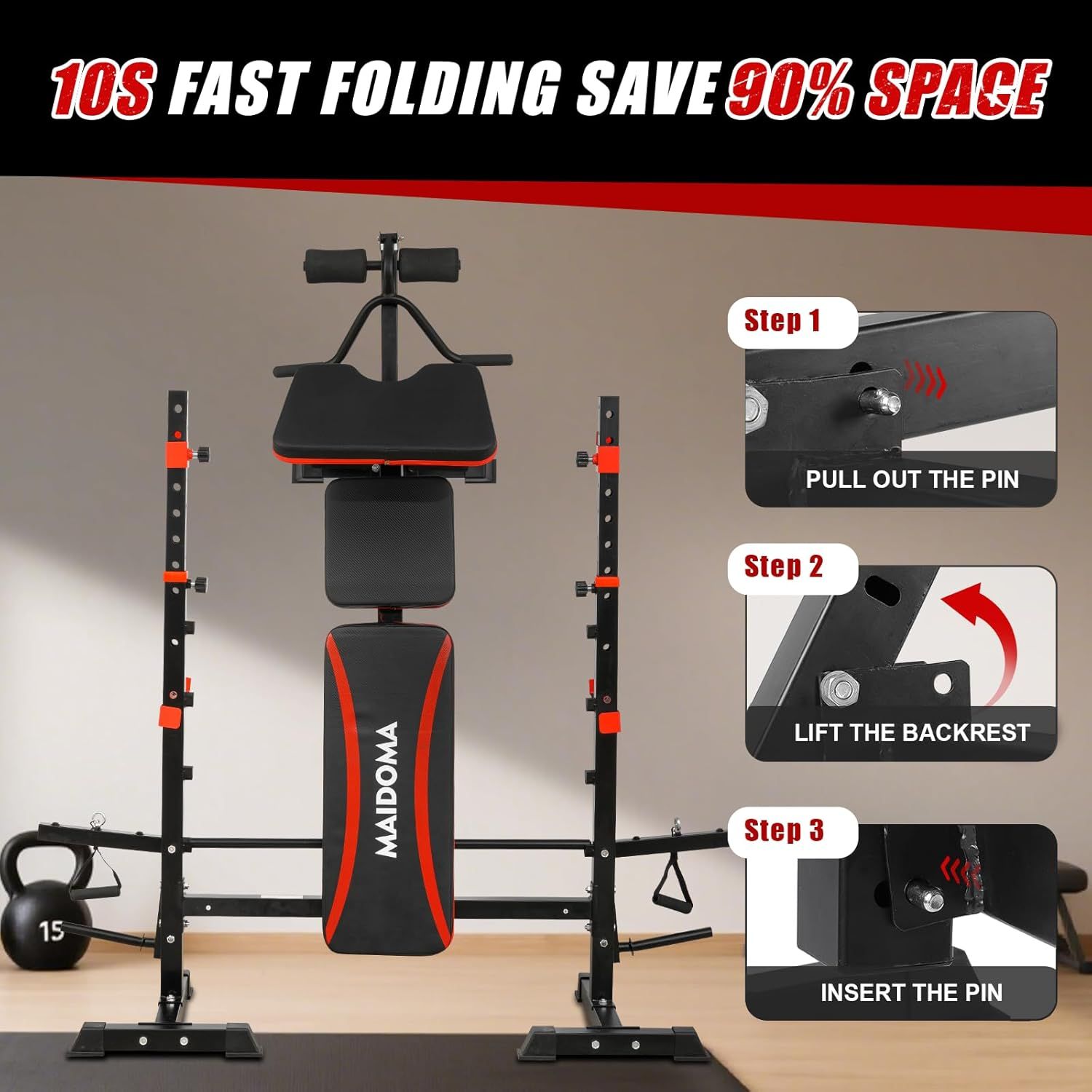 Demonstrates the 3-step folding process to show shoppers how quickly and easily the bench can be set up or stored, emphasizing the 10-second folding time and…