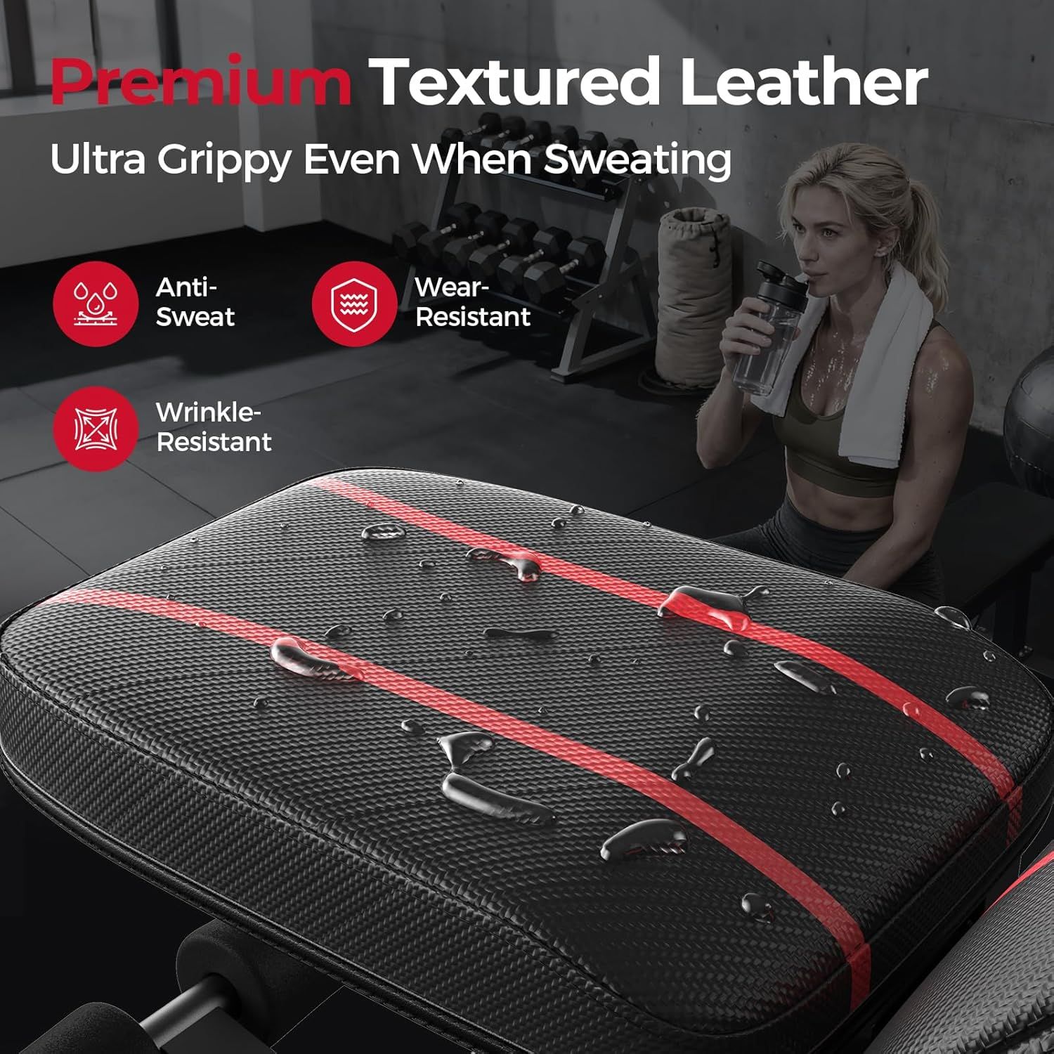 Communicates multiple material benefits of the workout bench to reassure shoppers that it's durable, comfortable, and functional even during intense sweaty…