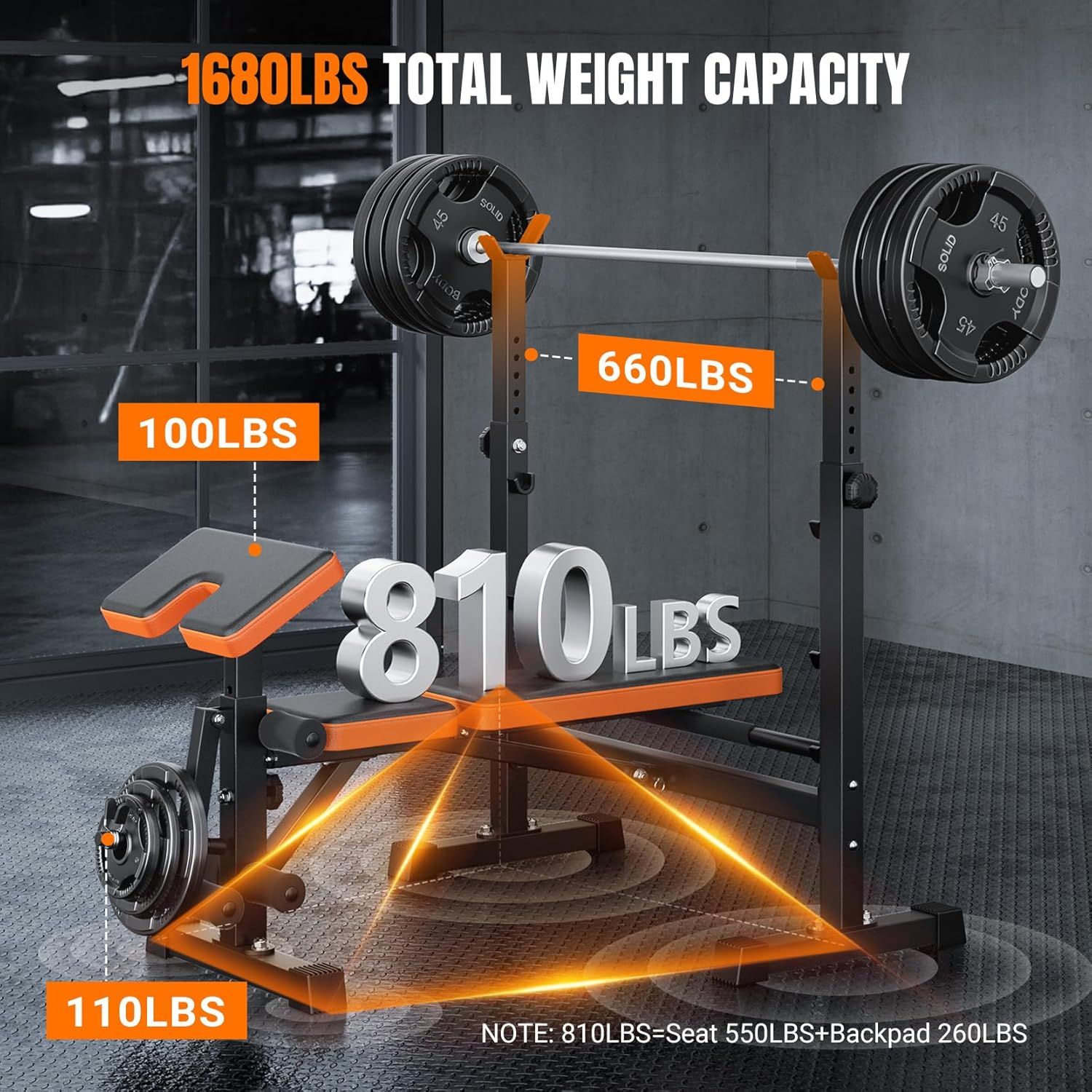 Communicates the total weight capacity of the power rack system and breaks down the weight distribution across different components to reassure buyers of its…