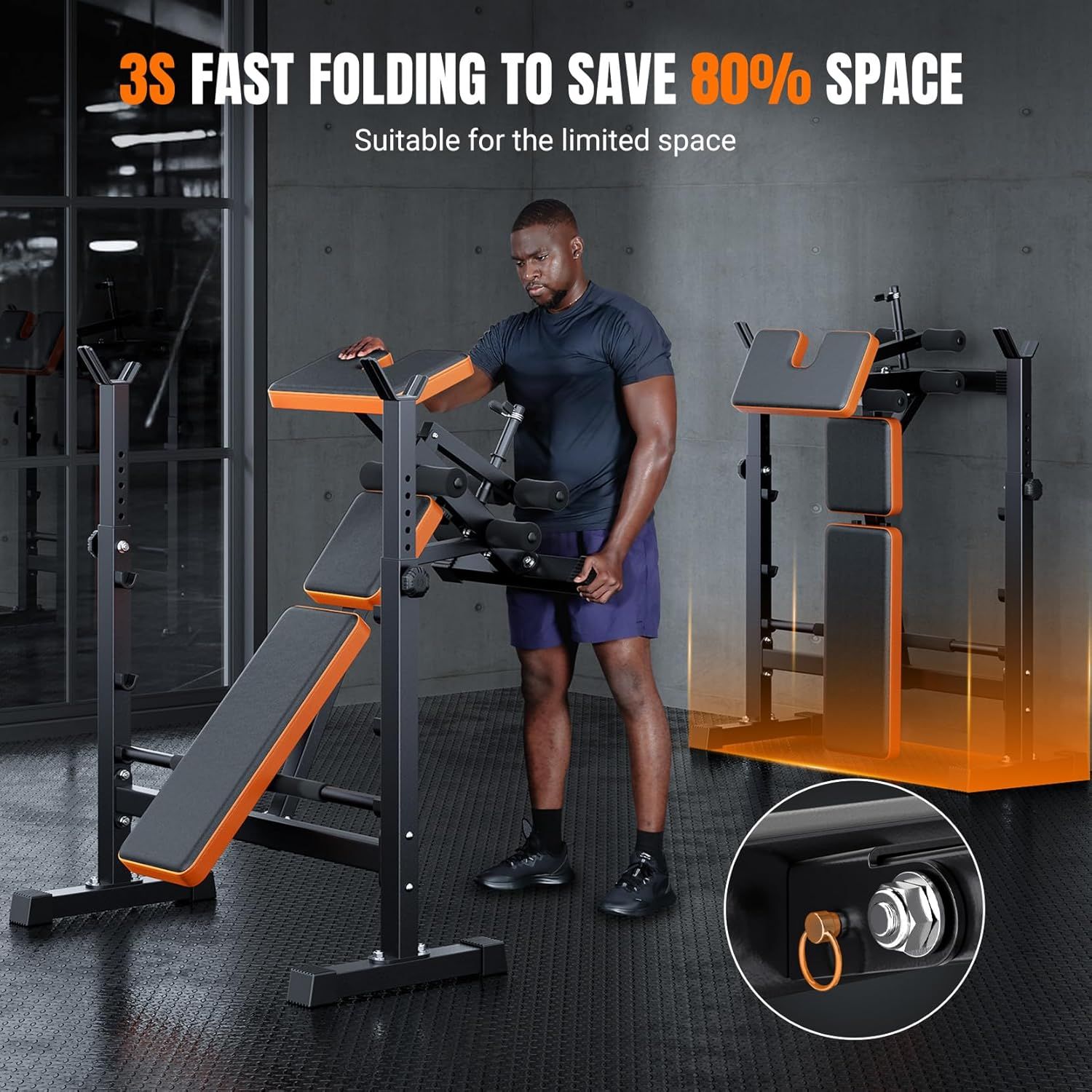 Communicates that the workout bench folds quickly (3 seconds) to save 80% space, making it ideal for home gyms with limited room. Highlights the quantifiable…
