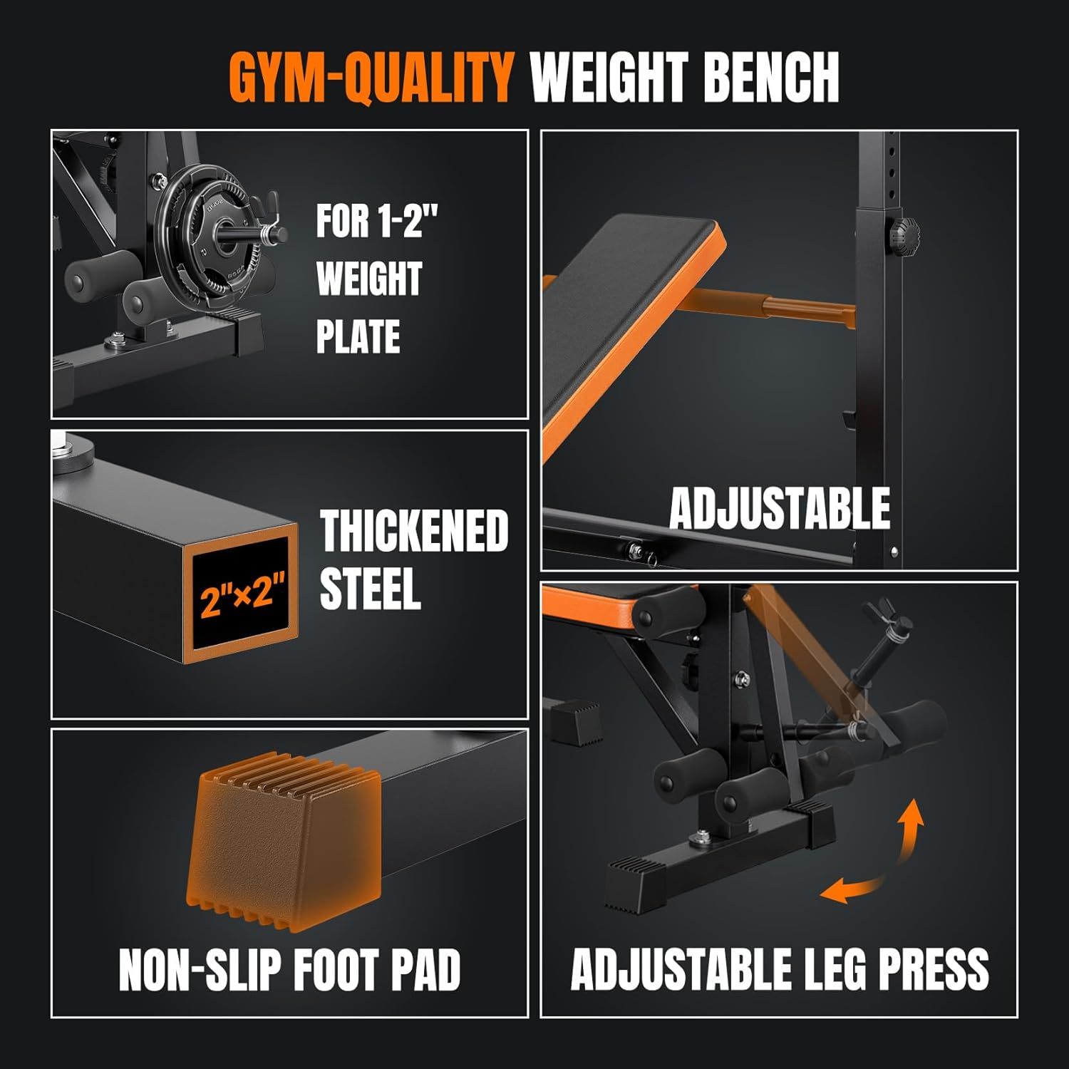 This image showcases multiple distinct features and benefits of the gym-quality weight bench in a segmented layout, highlighting its versatility, durability,…