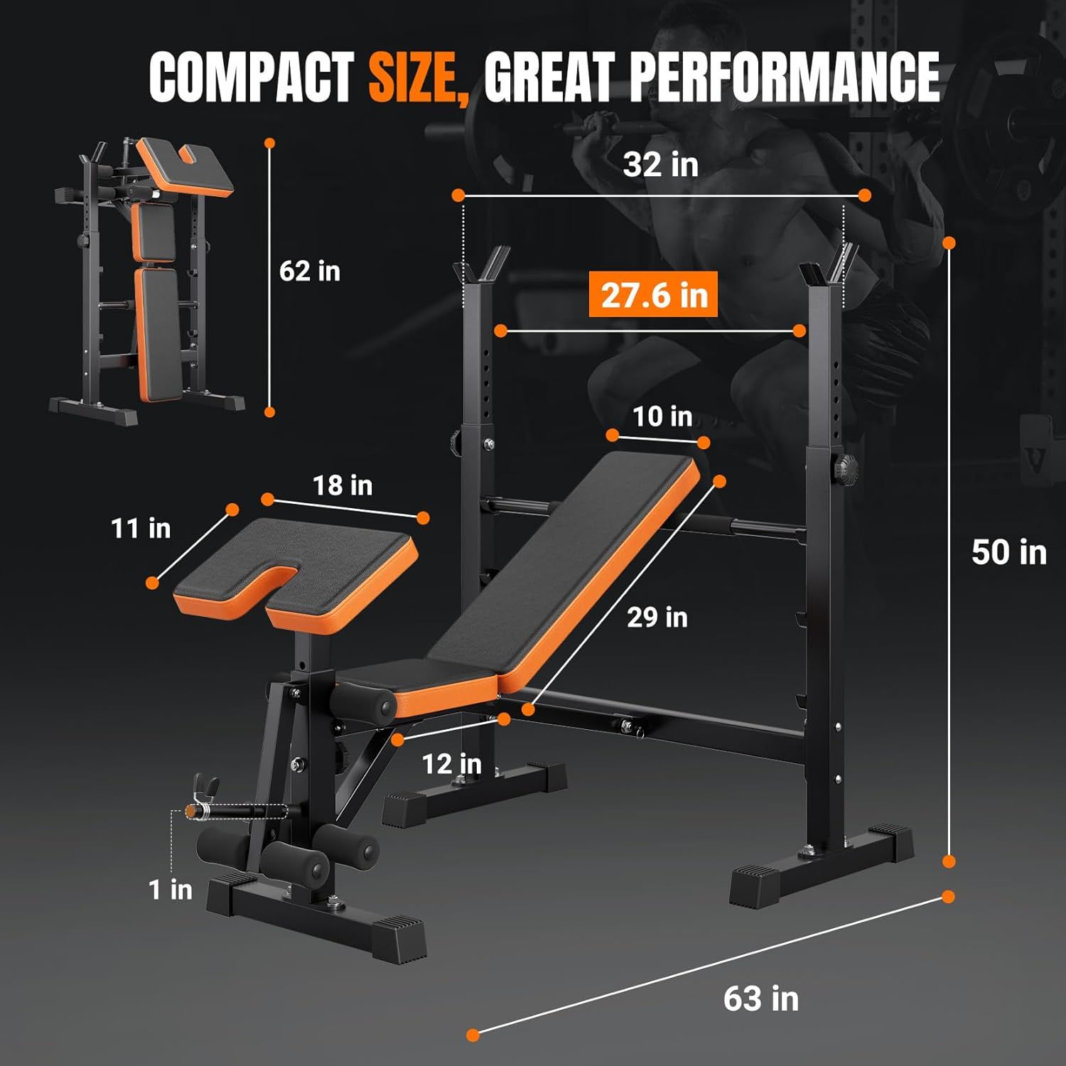 Communicates the exact physical dimensions of the weight bench to help shoppers understand its size and footprint, while emphasizing its compact design…