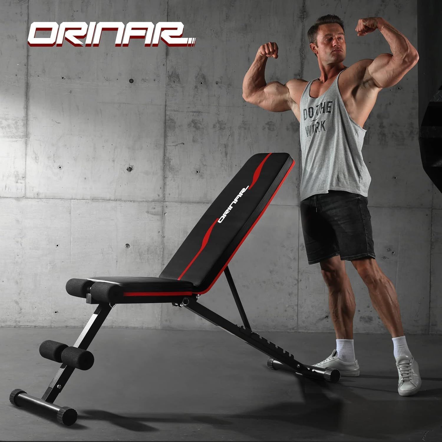 Demonstrates the product's effectiveness by showing a muscular user flexing to suggest the fitness results achievable with this workout bench.