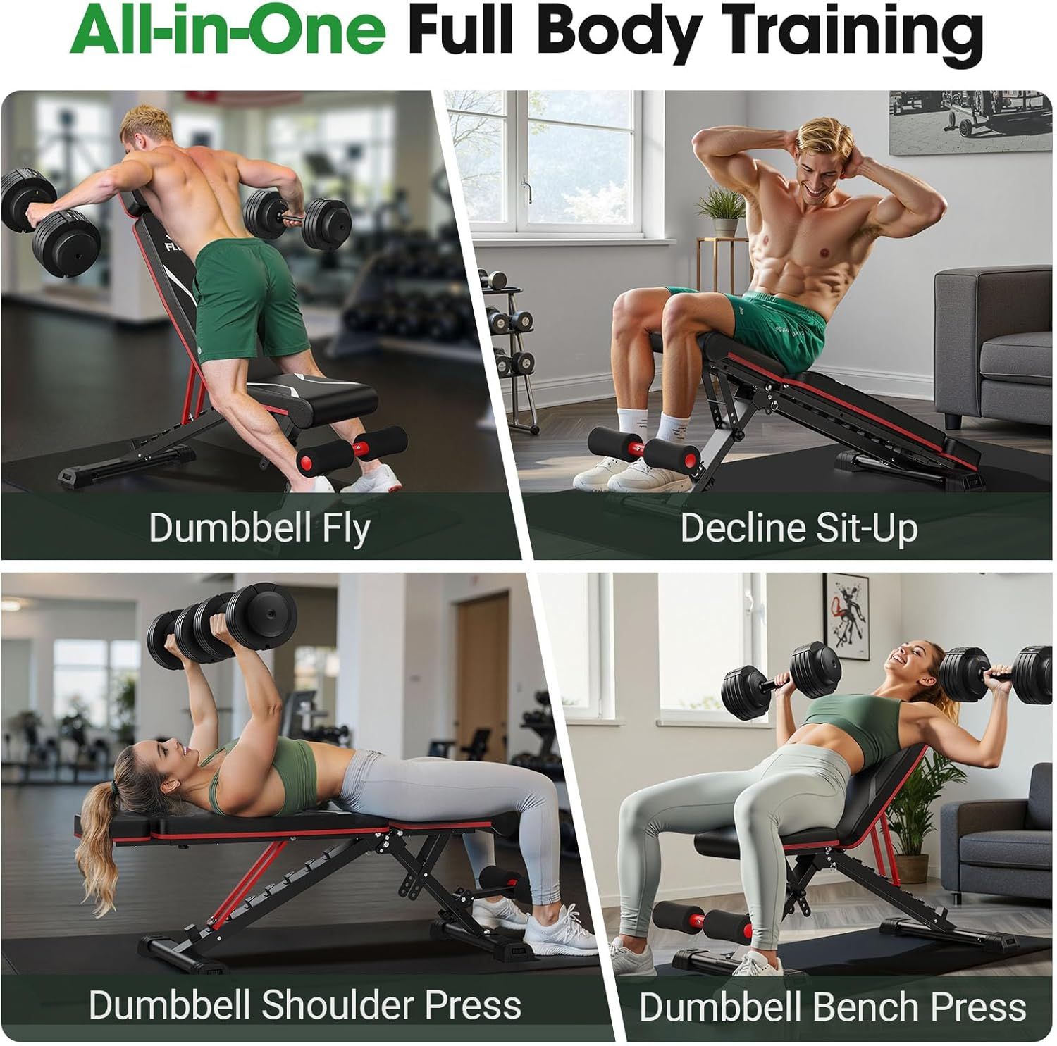 Demonstrates the versatility of the workout bench by showing four different exercises that can be performed, reassuring shoppers that this single piece of equipment enables comprehensive full-body…
