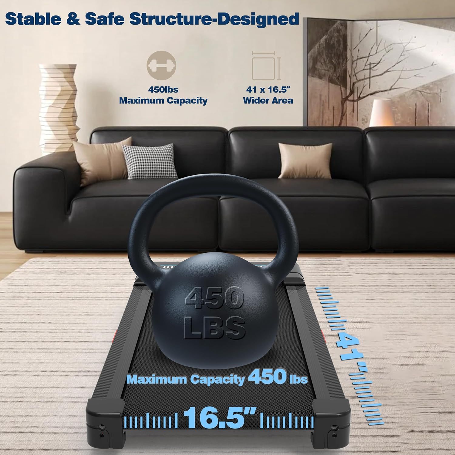 Communicates the treadmill's high weight capacity and wider running surface to reassure shoppers about stability, safety, and suitability for various body…