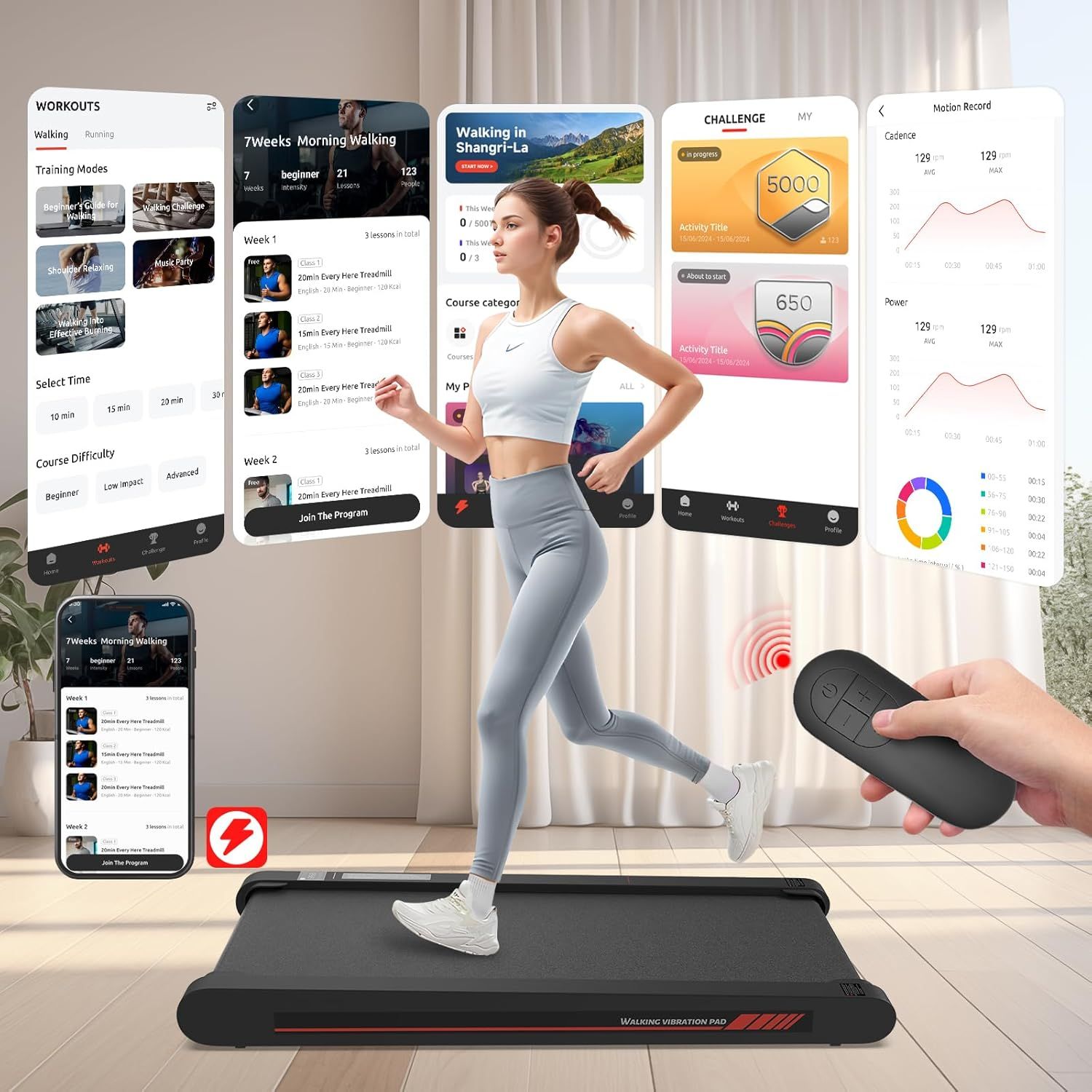 Demonstrates the treadmill's comprehensive app ecosystem with multiple workout programs, challenge tracking, performance metrics, and remote control…