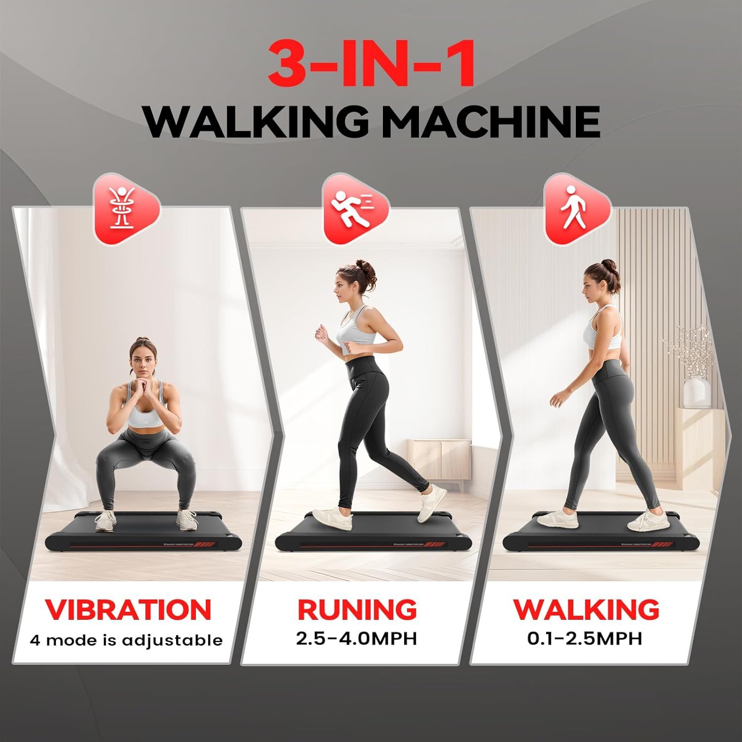Demonstrates the three distinct workout modes available on this walking machine, showing shoppers the versatility and multiple ways they can use the product…