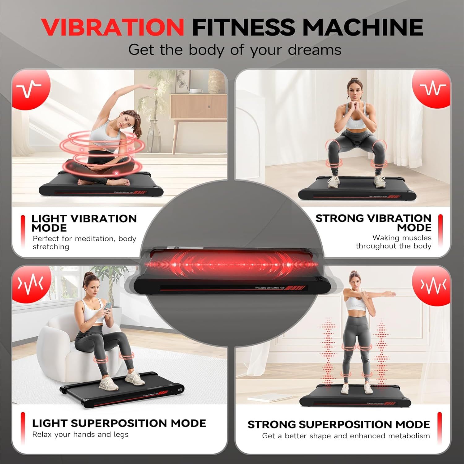 Showcases the four distinct vibration modes of the fitness machine, each designed for different workout intensities and benefits, from meditation and…