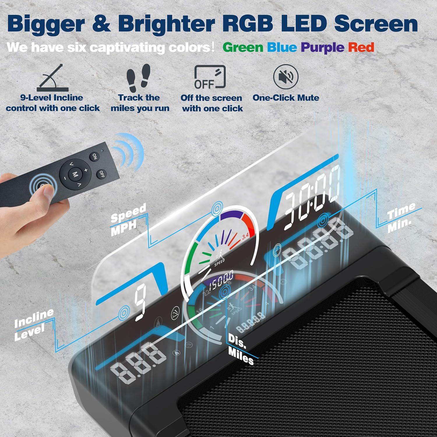 Showcases the treadmill's advanced RGB LED screen and multiple features including incline control, fitness tracking, and one-click controls to demonstrate the…