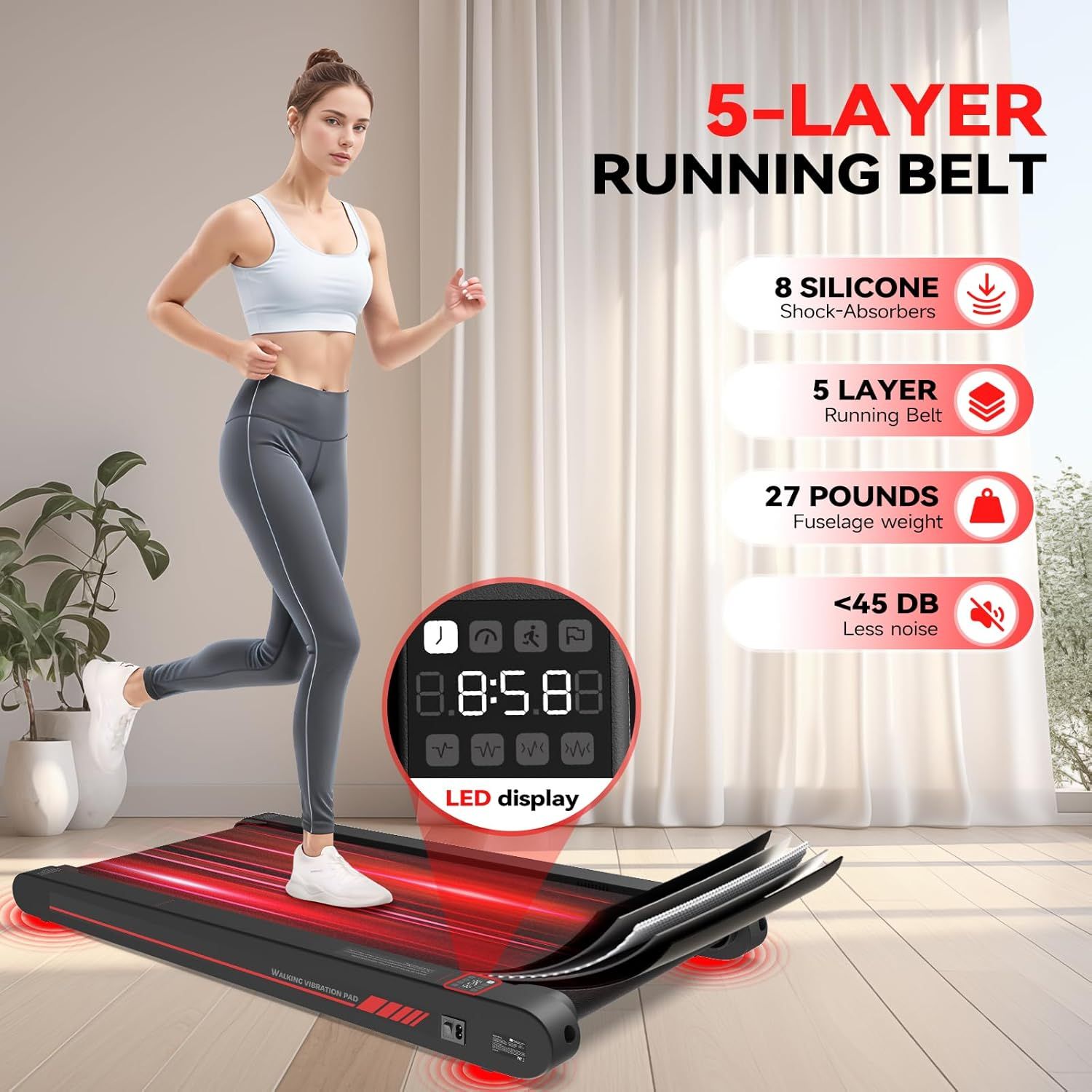 Communicates multiple distinct technical features and benefits of the treadmill in a segmented layout to reassure shoppers about quality, comfort, stability,…