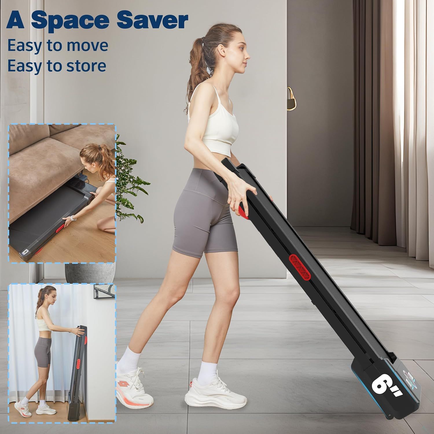 Demonstrates how the treadmill folds and stores compactly, reassuring shoppers that it's easy to move and won't take up permanent floor space. Highlights the…