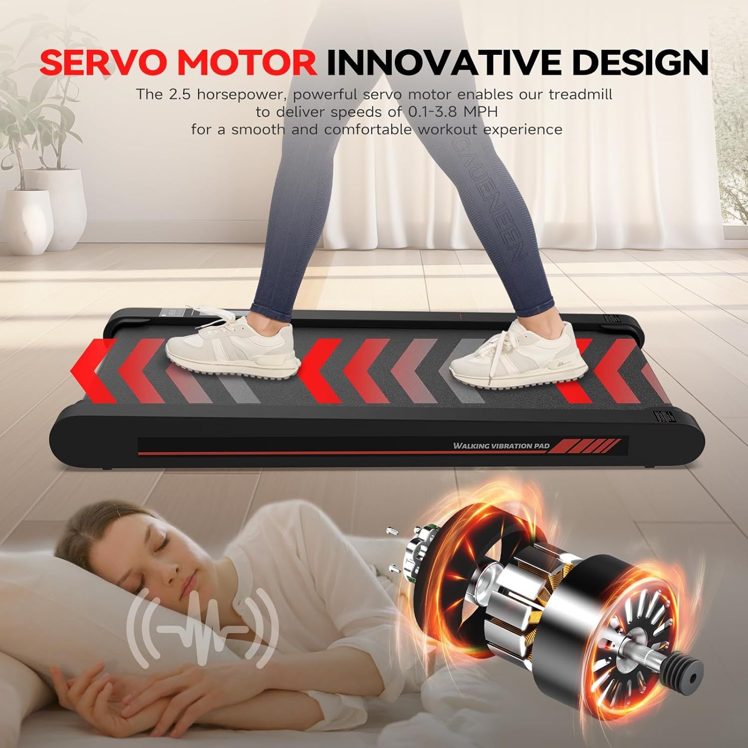 Highlights the innovative servo motor technology inside the treadmill, emphasizing its 2.5 horsepower power and ability to deliver smooth, comfortable workout…