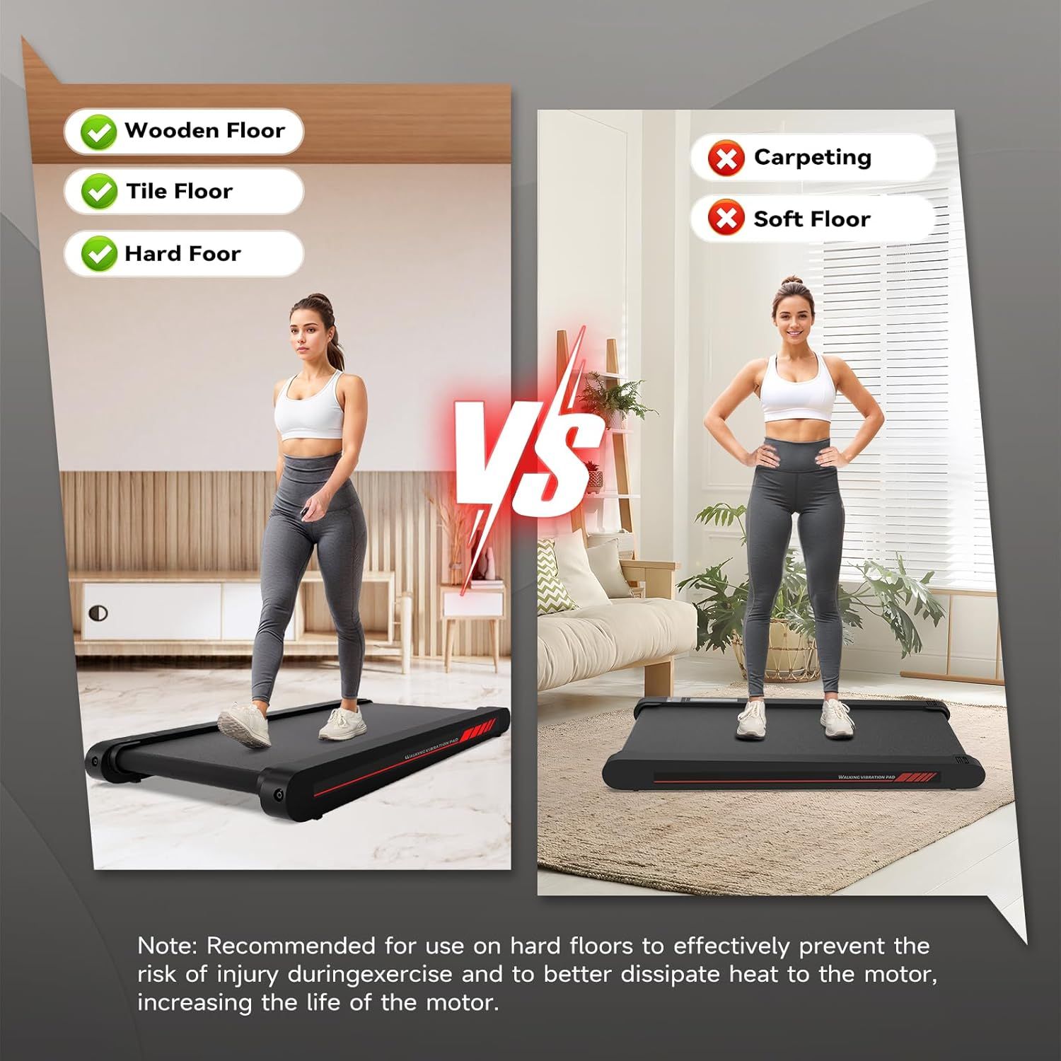 Demonstrates which floor types are suitable versus unsuitable for the treadmill, reassuring shoppers about safe usage on hard floors while warning against…