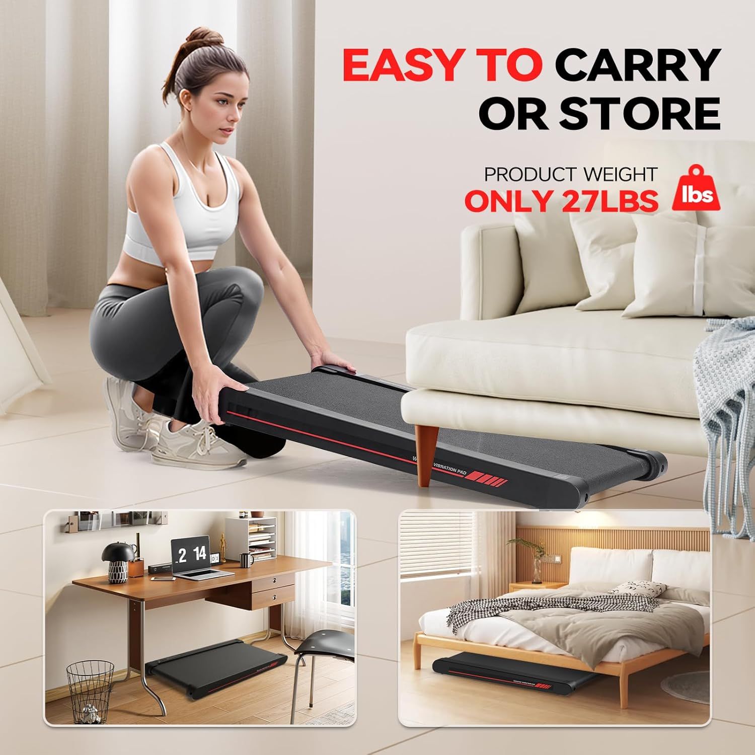 Demonstrates the treadmill can be used in multiple environments (living room, home office, bedroom) and easily stored in different spaces, emphasizing its…