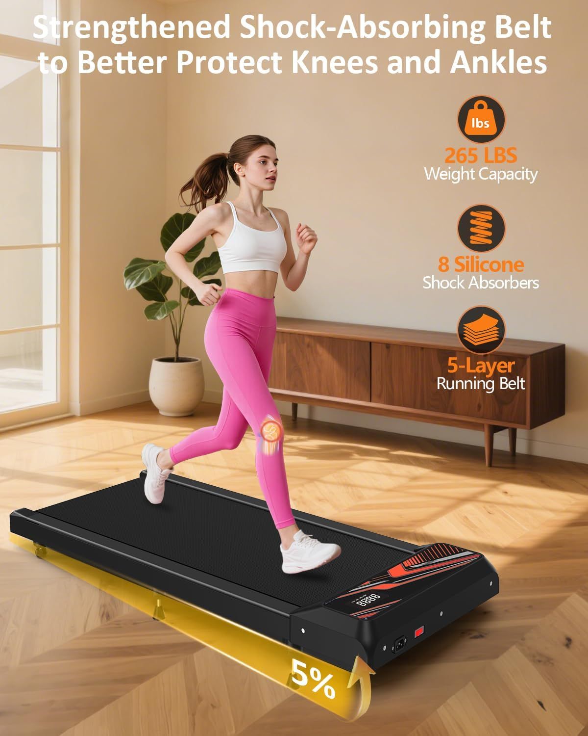 Communicates multiple technical features and benefits of the treadmill in a segmented layout, emphasizing safety, durability, and joint protection to reassure…