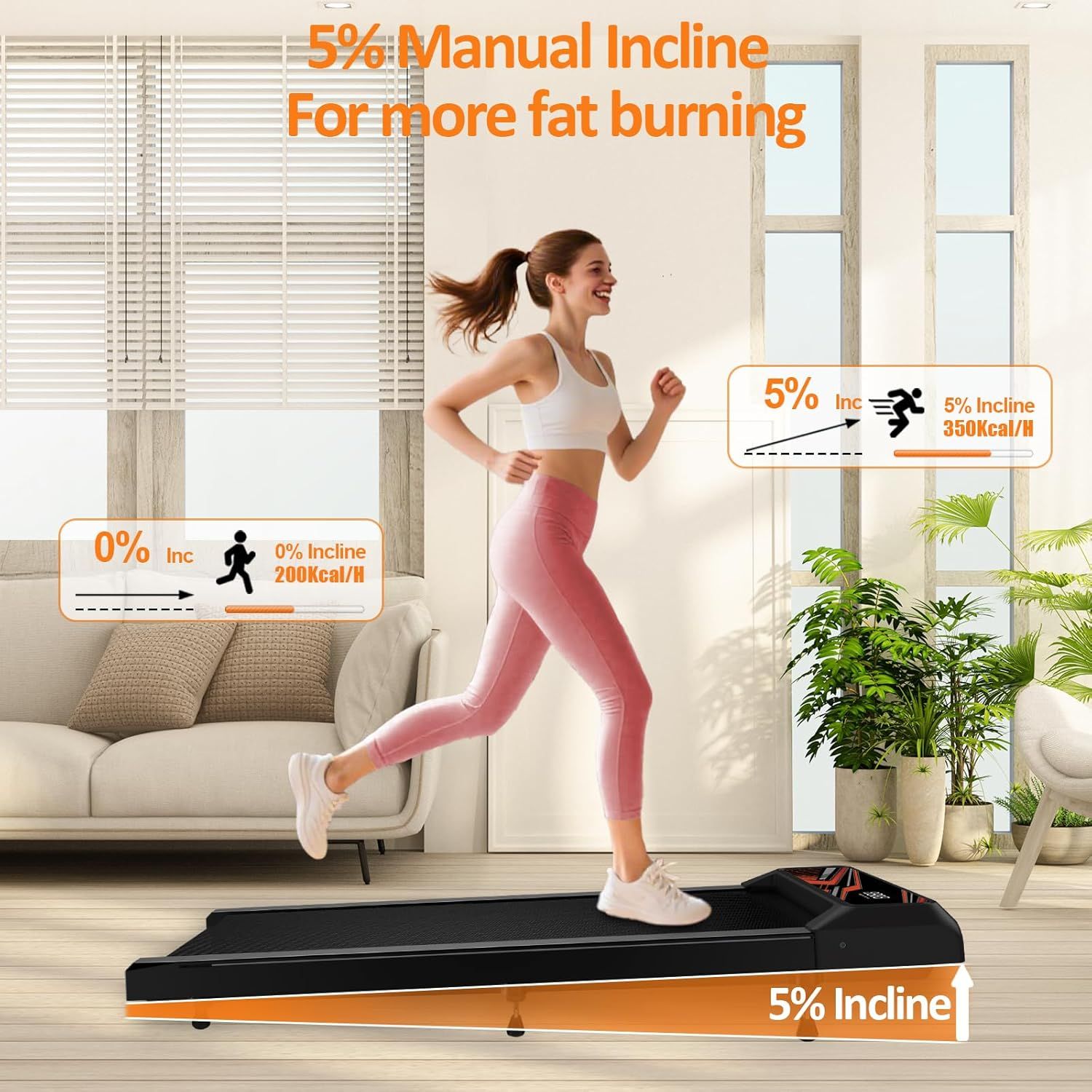 Demonstrates the superior fat-burning capability of the 5% incline setting (350 kcal/H) compared to 0% incline (200 kcal/H), showing shoppers the enhanced…