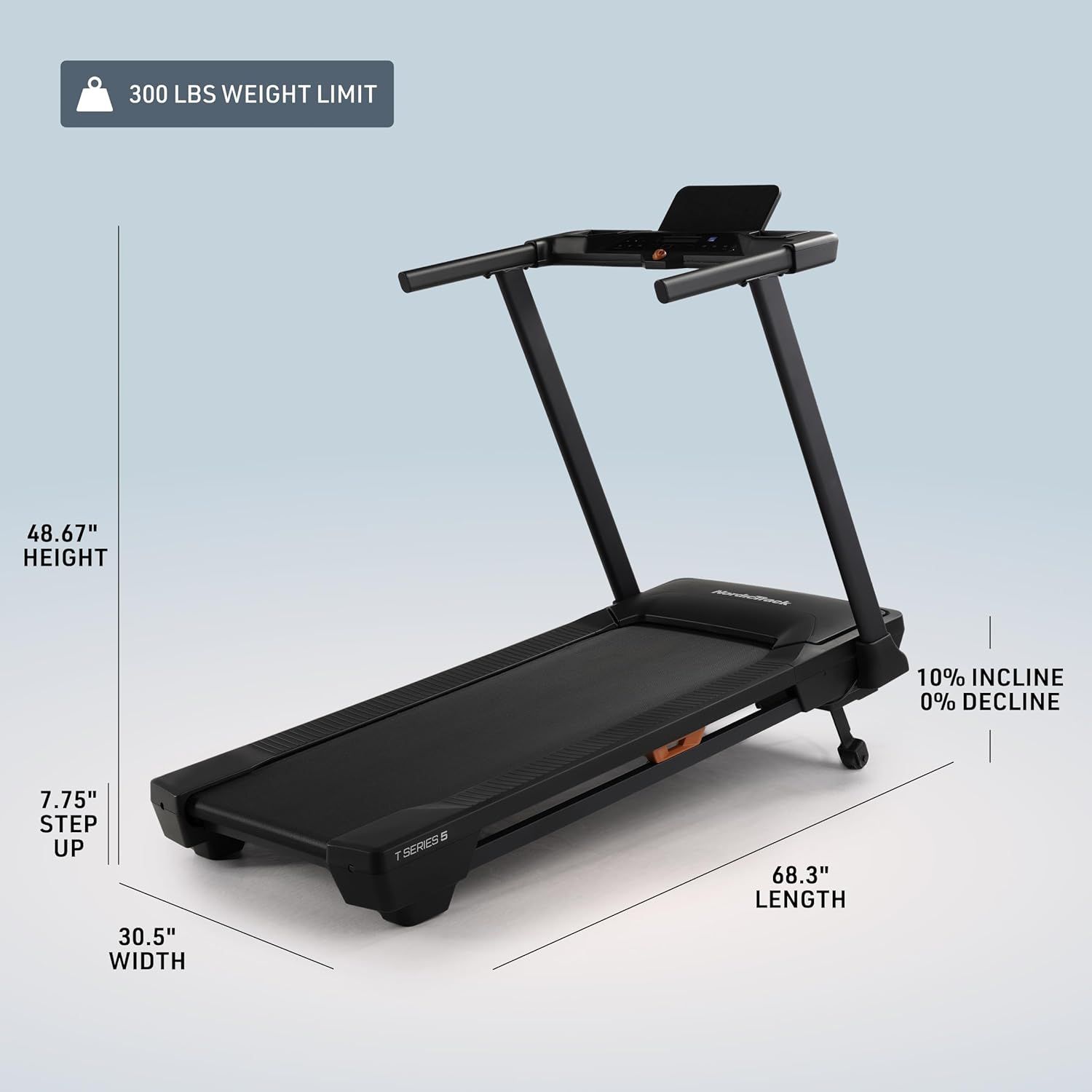 Communicates the exact physical dimensions of the treadmill (height, width, length, step-up height) and its 300 lbs weight capacity, helping shoppers assess…