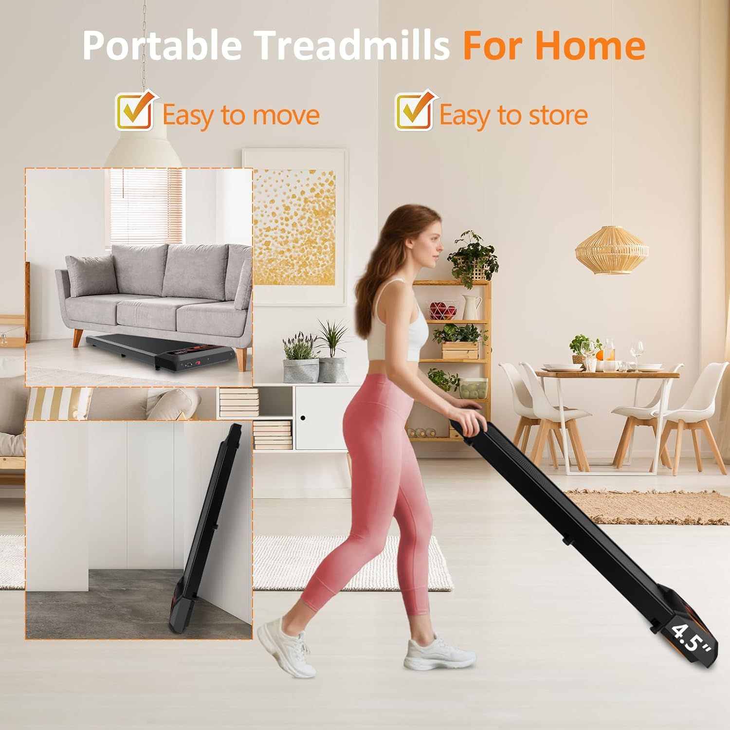 Demonstrates the treadmill's space-saving portability by showing it can be easily moved and stored in a home environment, addressing common concerns about…