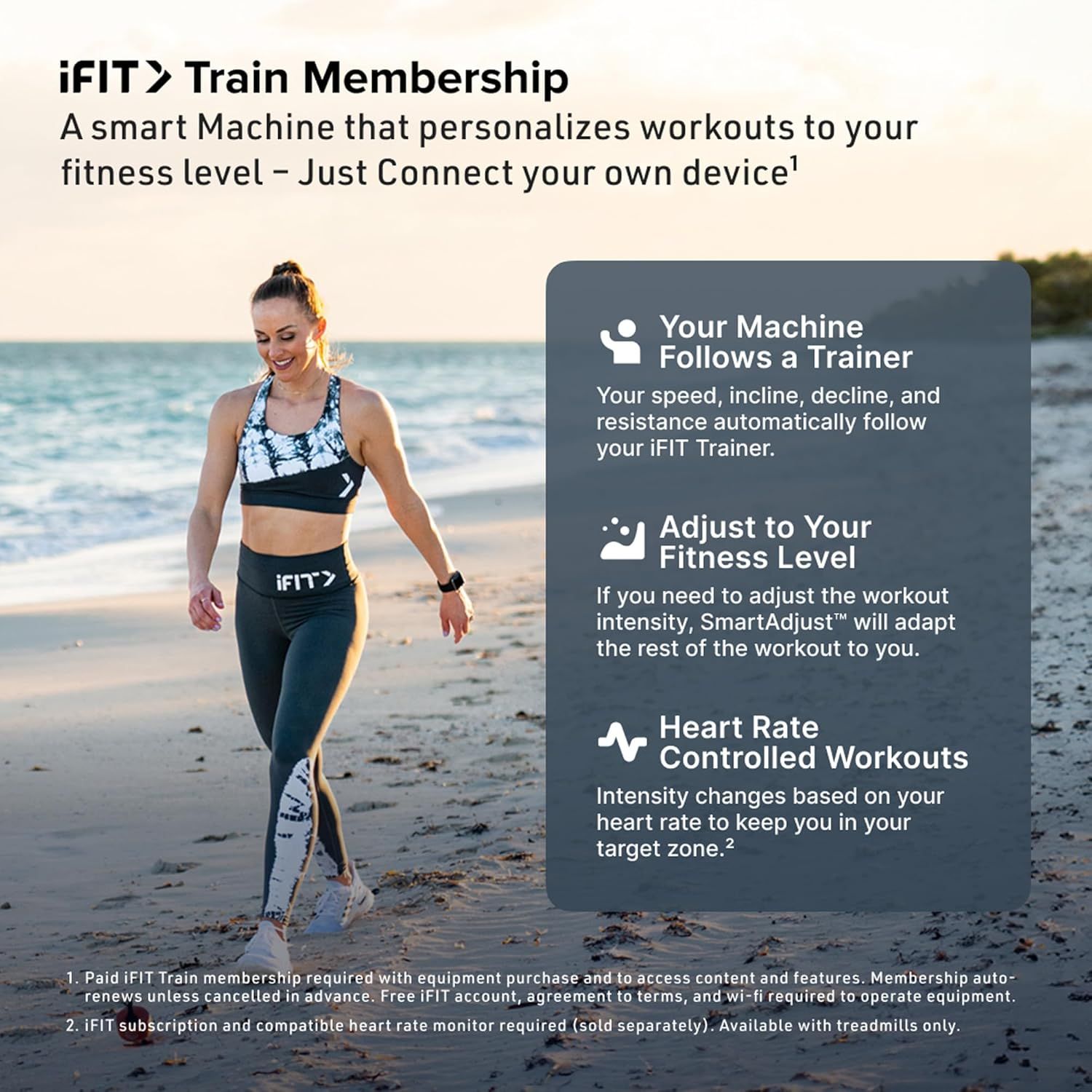 Communicates the three key benefits of the iFIT Train Membership: machine follows trainer automatically, adapts to user fitness level, and adjusts intensity…