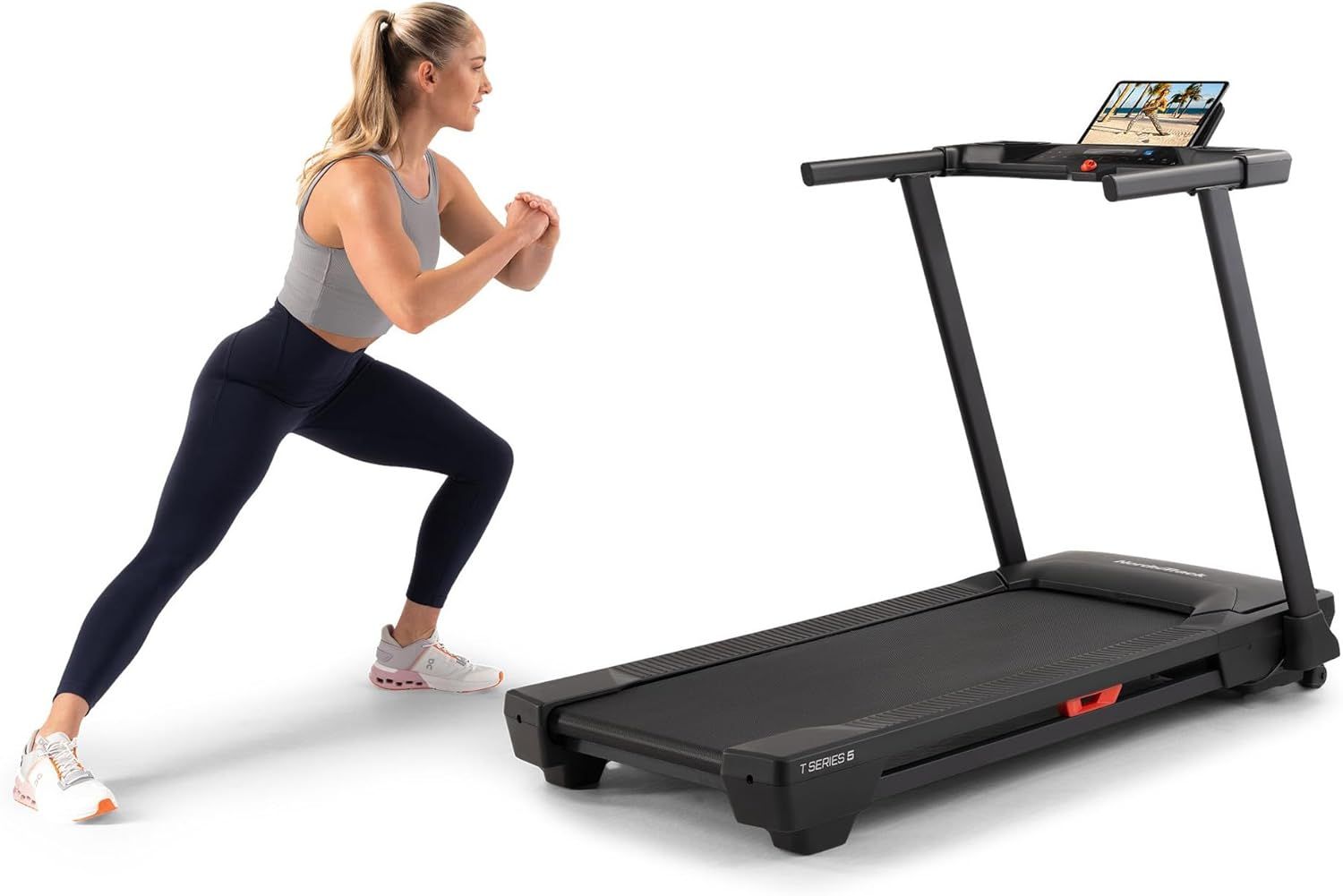 Shows the treadmill being used in a real-world home workout setting to help shoppers visualize the product in their own space and understand its practical…