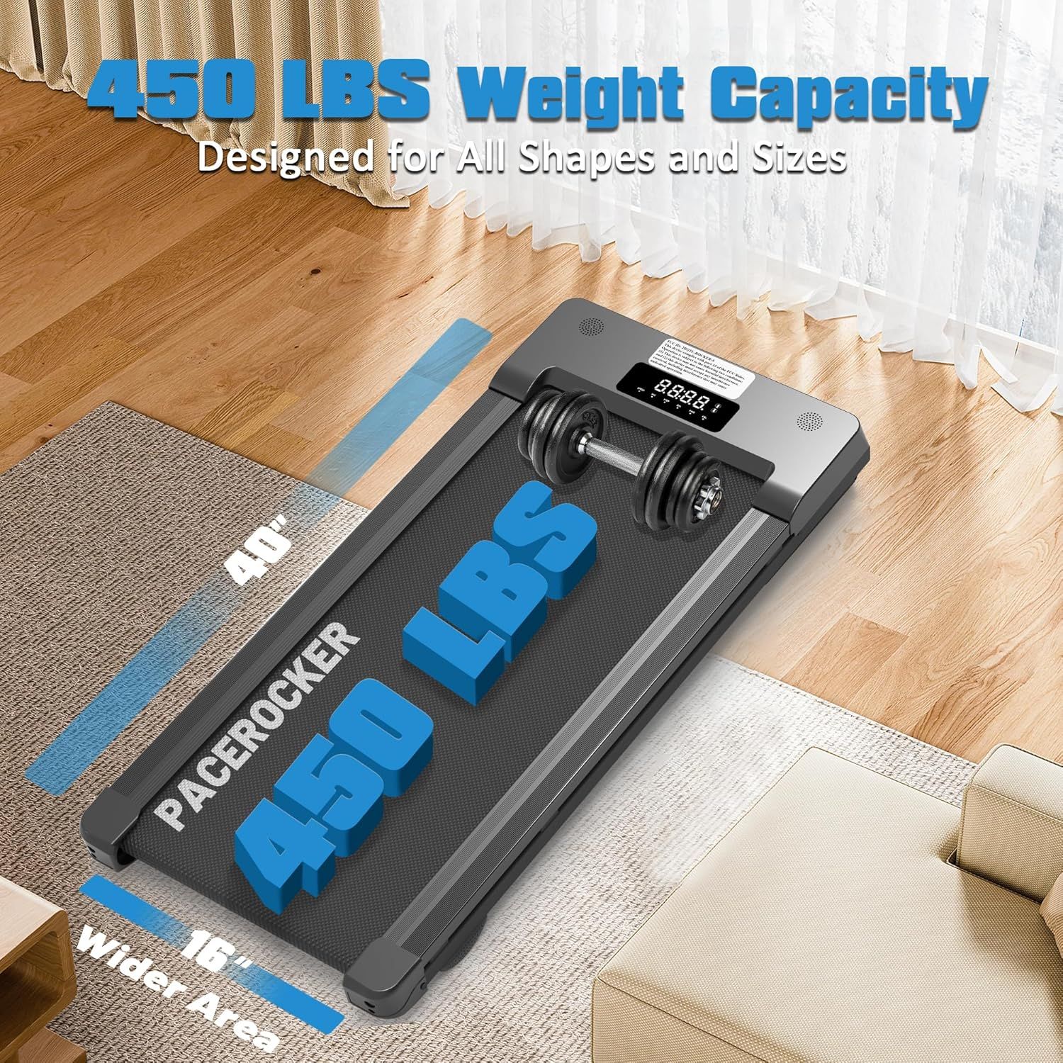 Communicates the treadmill's high weight capacity to reassure shoppers that it can accommodate users of all shapes and sizes safely and reliably. Shows the…