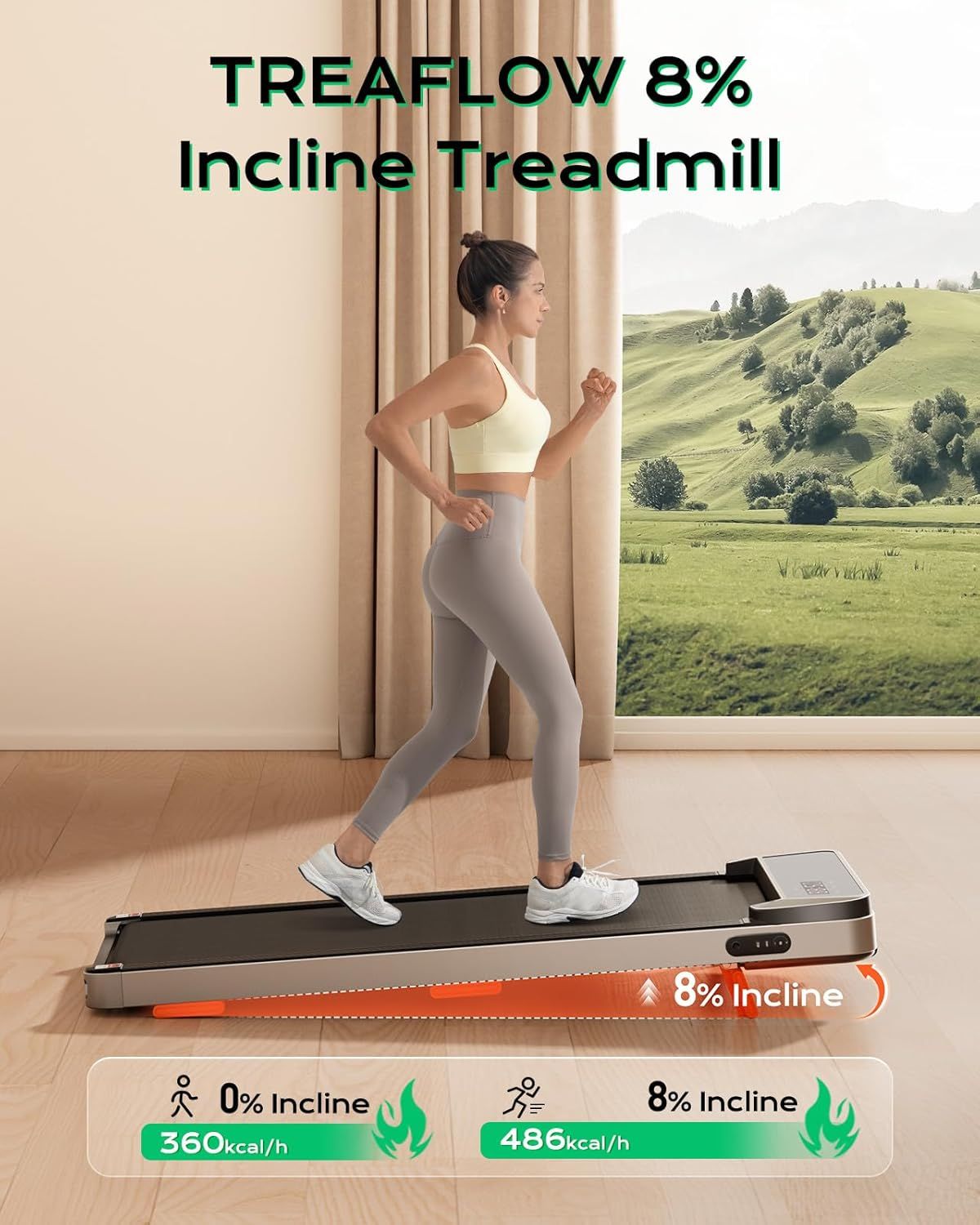 Communicates the treadmill's 8% incline capability and demonstrates the significant calorie burn difference (360 vs 486 kcal/h) to show performance and…