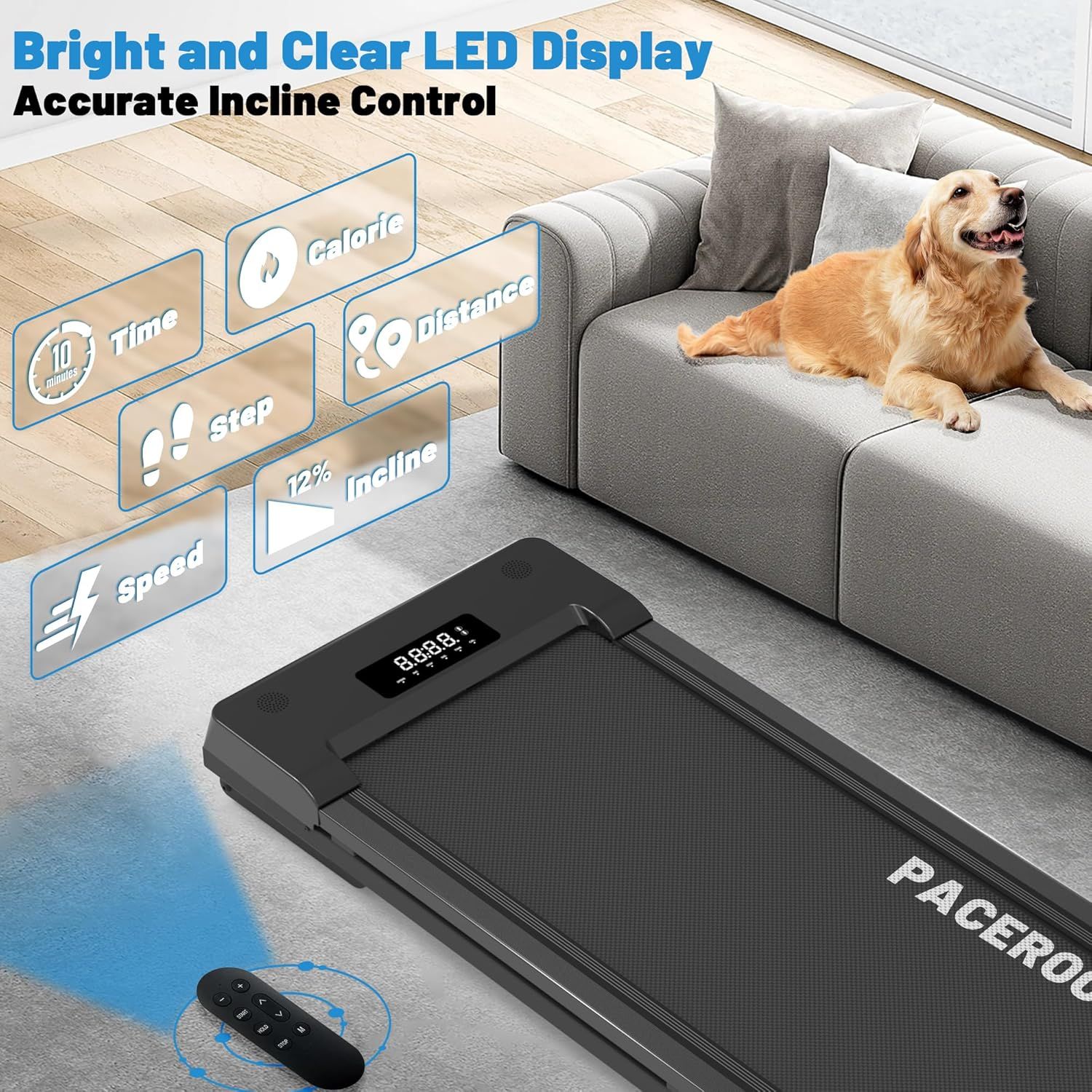 Demonstrates the treadmill's comprehensive LED display and tracking capabilities across multiple fitness metrics, reassuring shoppers that they can monitor…