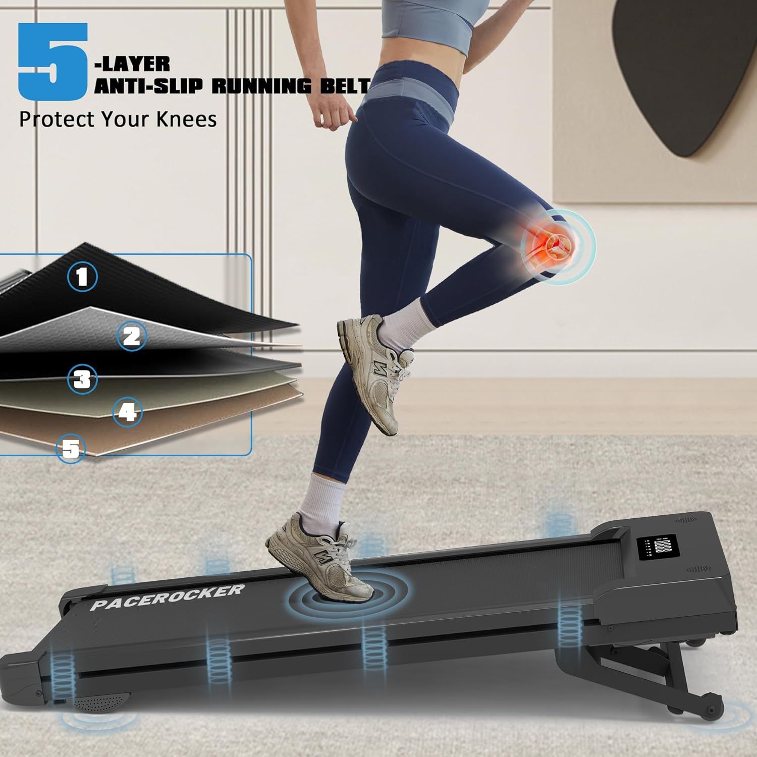 Demonstrates the multi-layer construction of the running belt to reassure shoppers about the product's quality engineering and knee protection features.…