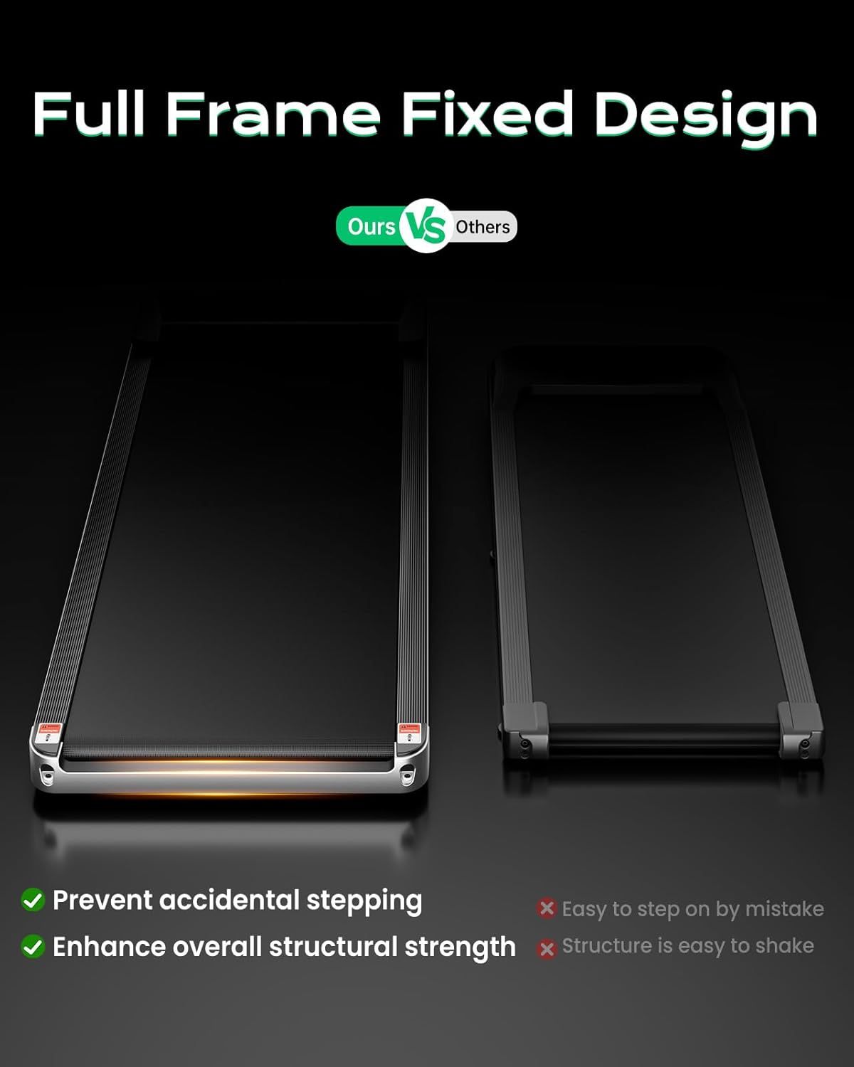 Demonstrates the superiority of this treadmill's full-frame fixed design over competitors by showing how it prevents accidental stepping and enhances…