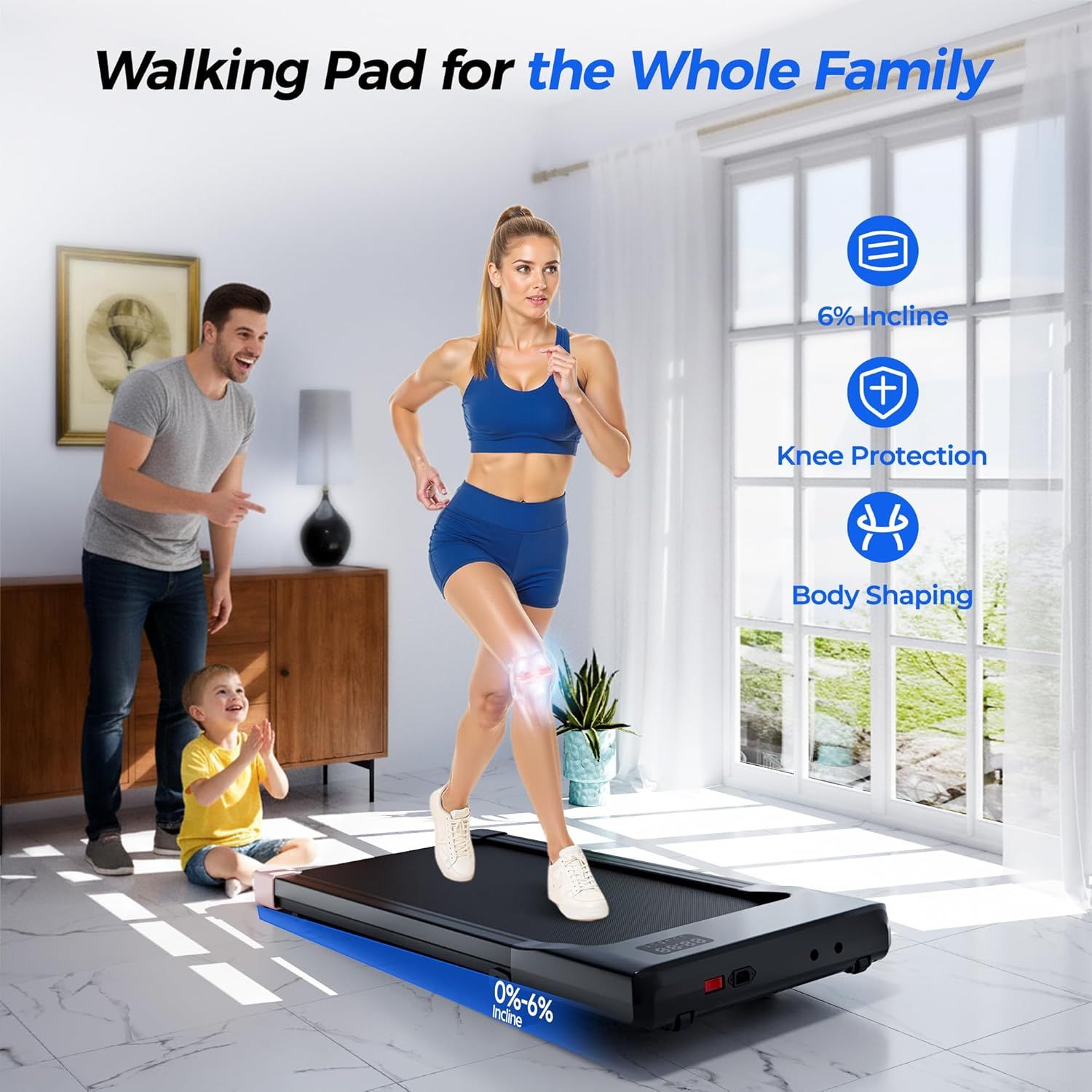 Communicates multiple distinct benefits of the walking pad in a segmented layout with icons and callouts, showing shoppers the product's versatility for…