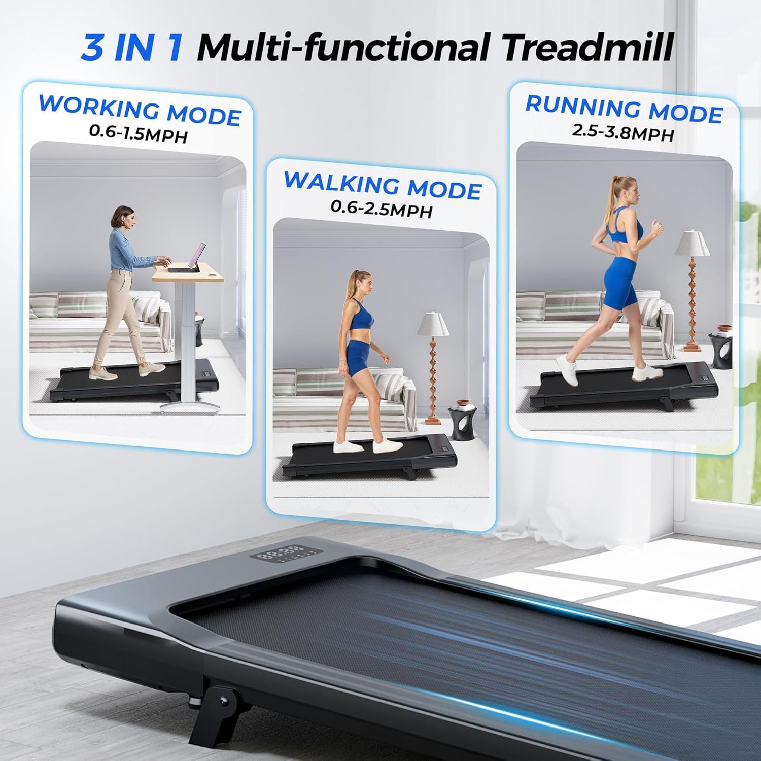 Demonstrates the three distinct use cases of the treadmill (working while walking, casual walking, and running) to show its versatility and multi-functional…